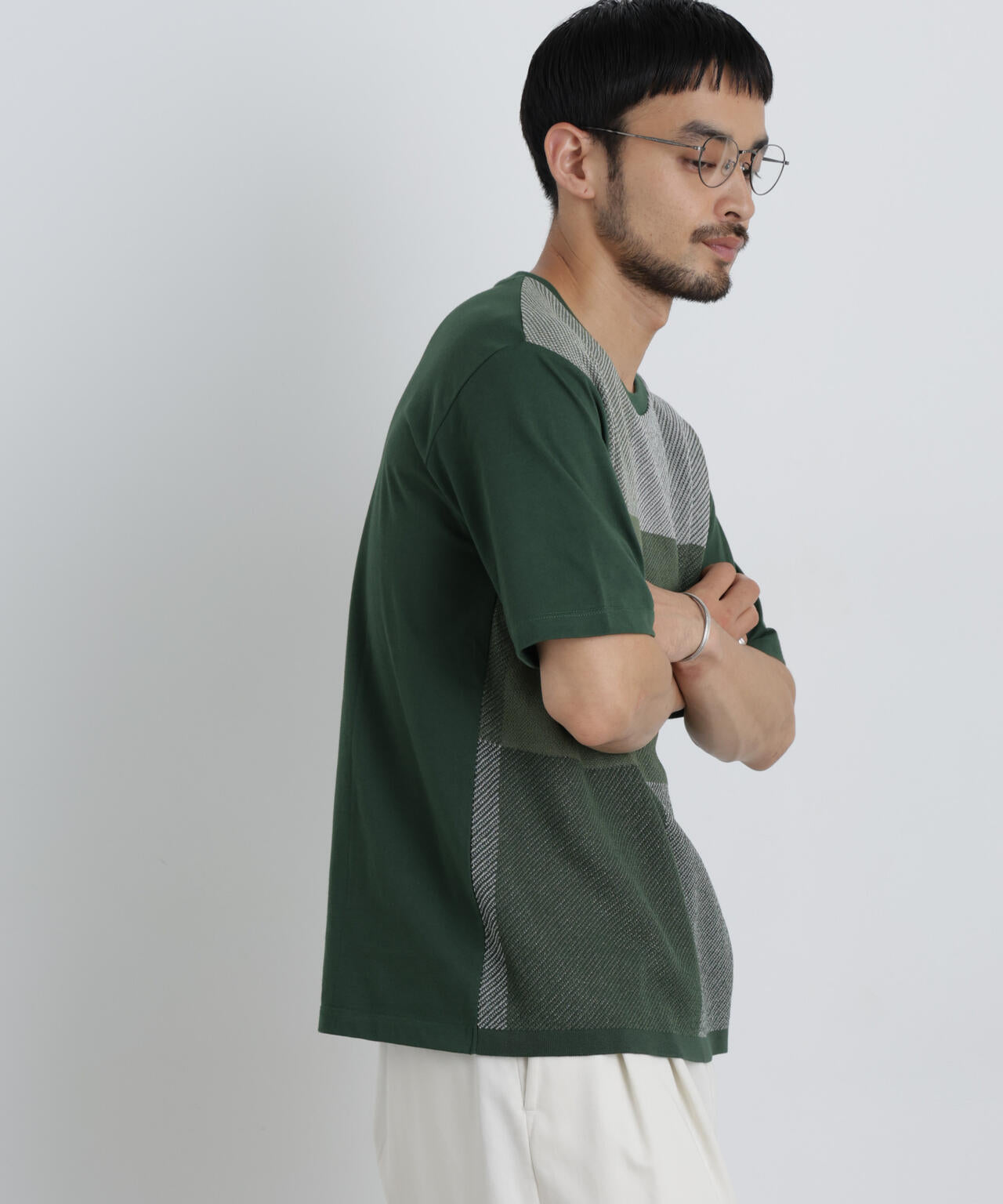 切替チェックニットTシャツ 半袖