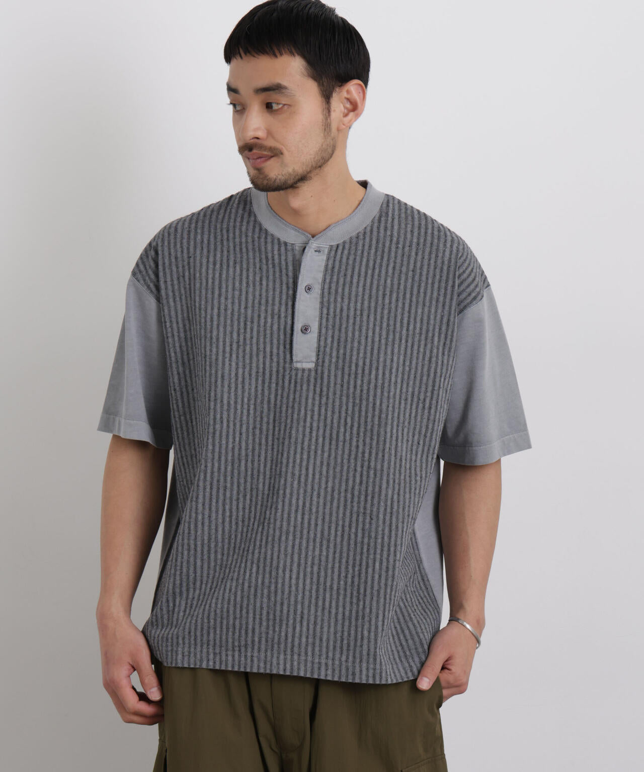 オーバーダイジャガードストライプヘンリーTシャツ 半袖