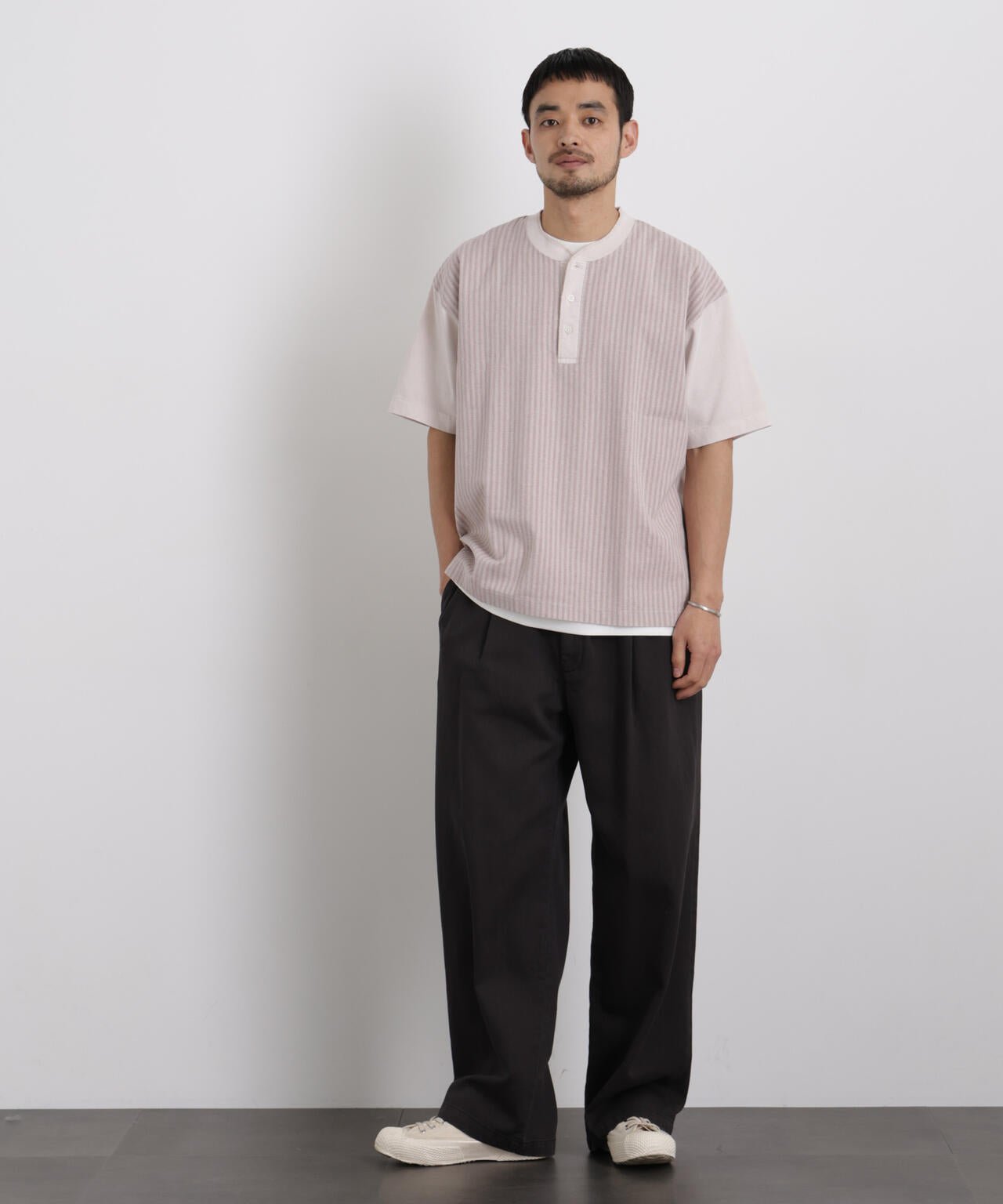 オーバーダイジャガードストライプヘンリーTシャツ 半袖