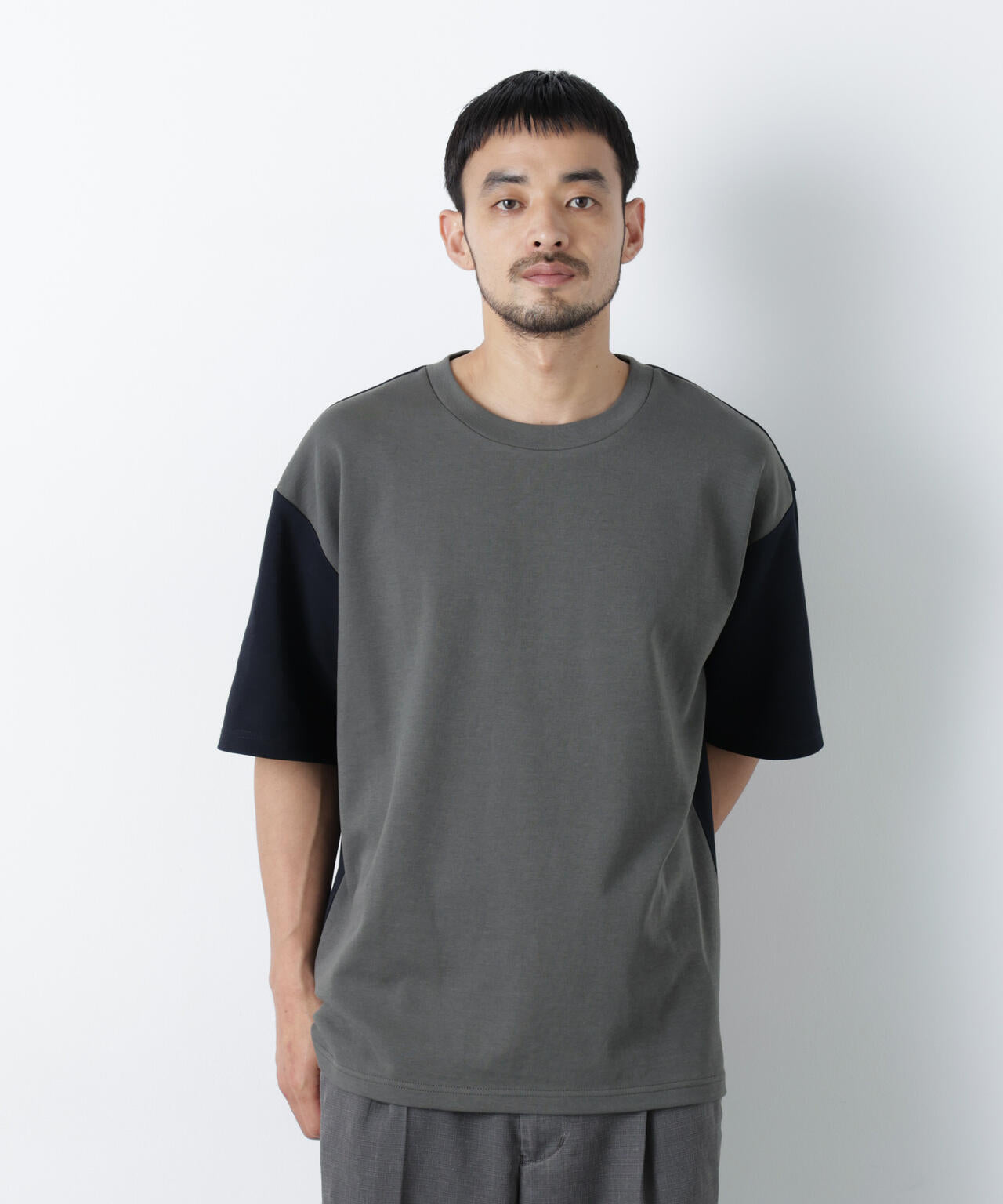 2トーンシルケット切り替えTシャツ 半袖