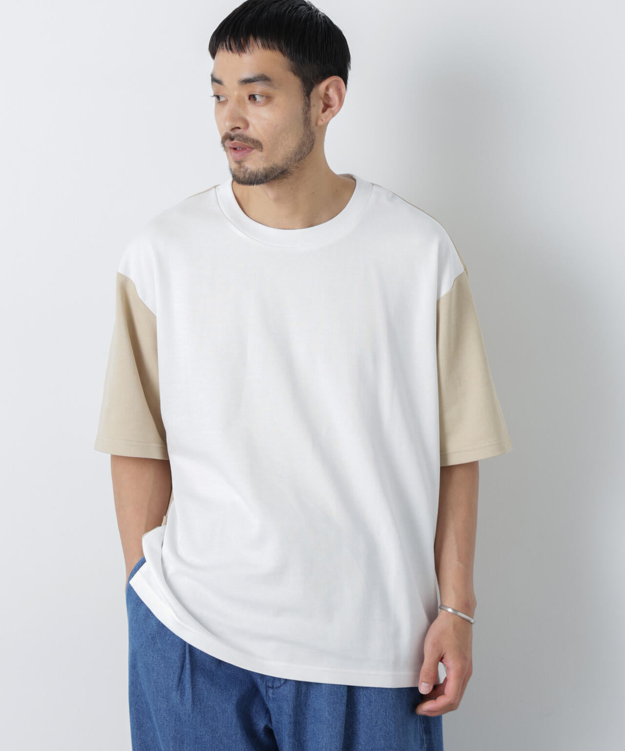 2トーンシルケット切り替えTシャツ 半袖