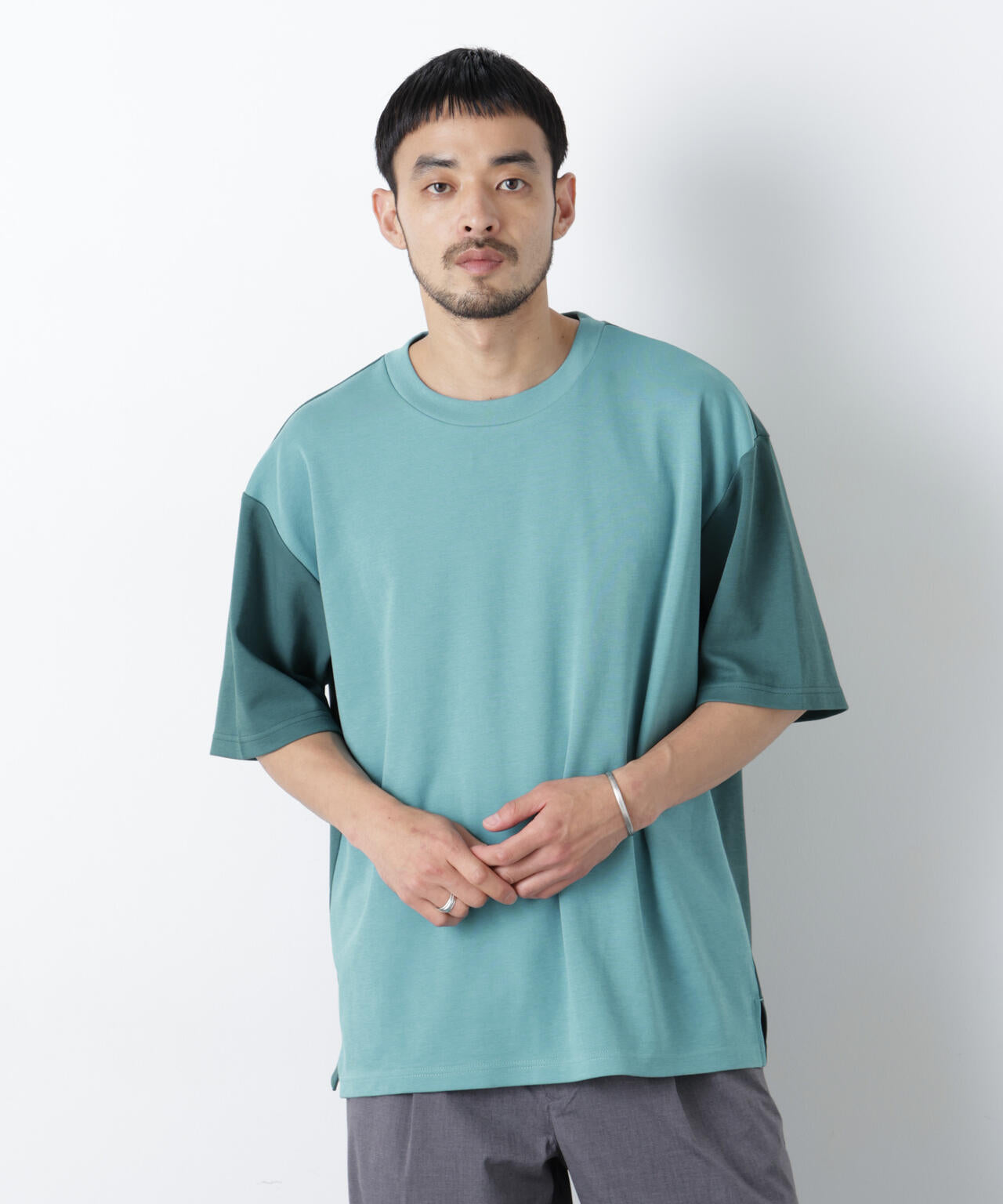 2トーンシルケット切り替えTシャツ 半袖