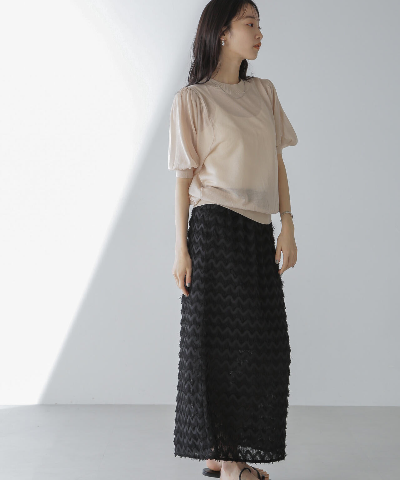 シアーニットボリュームスリーブトップス