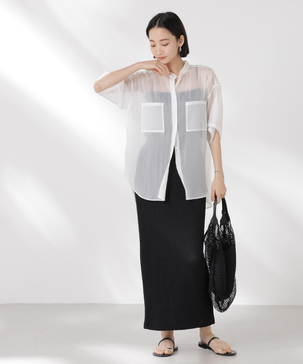 バンドカラーシアー半袖シャツ
