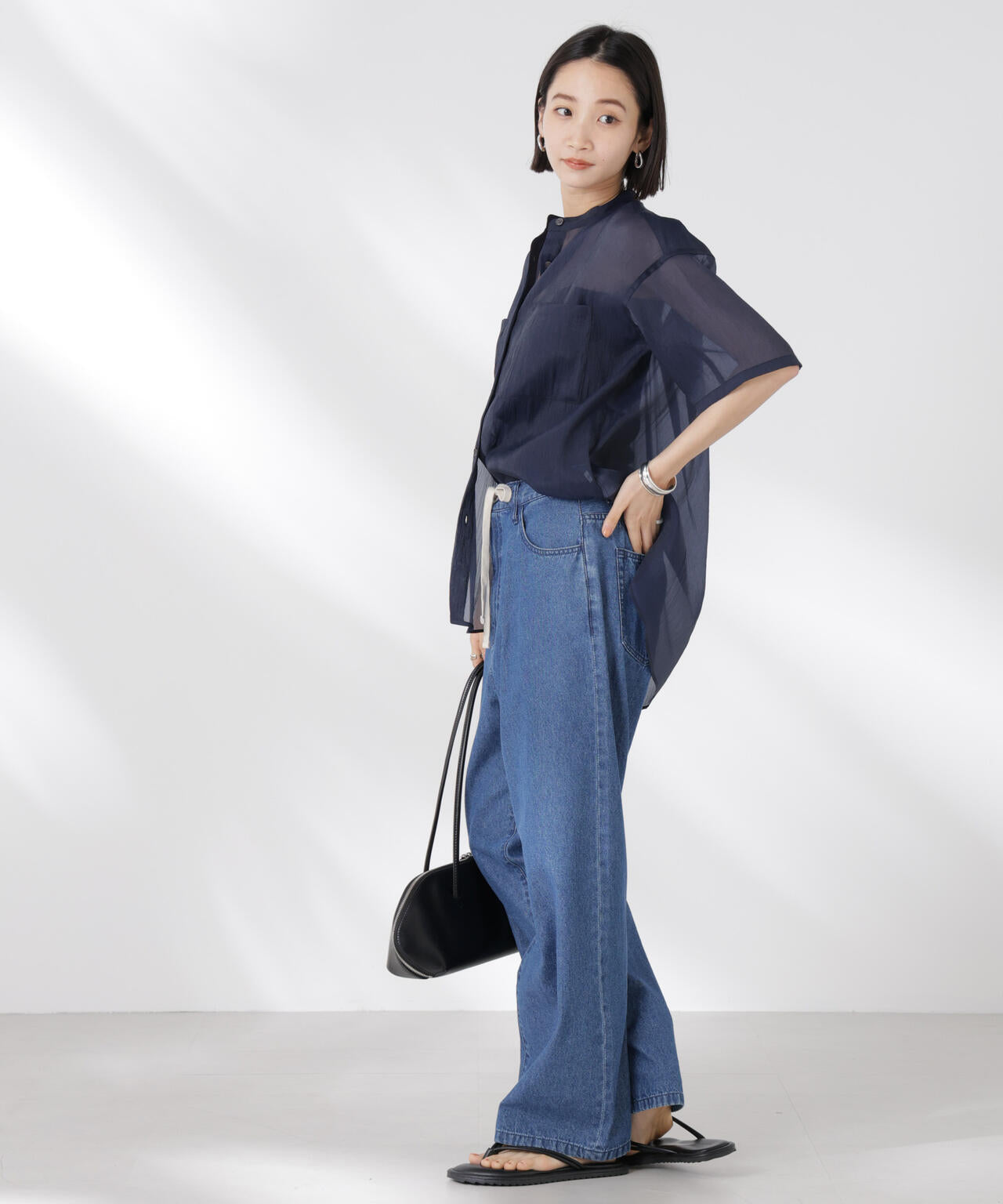 バンドカラーシアー半袖シャツ