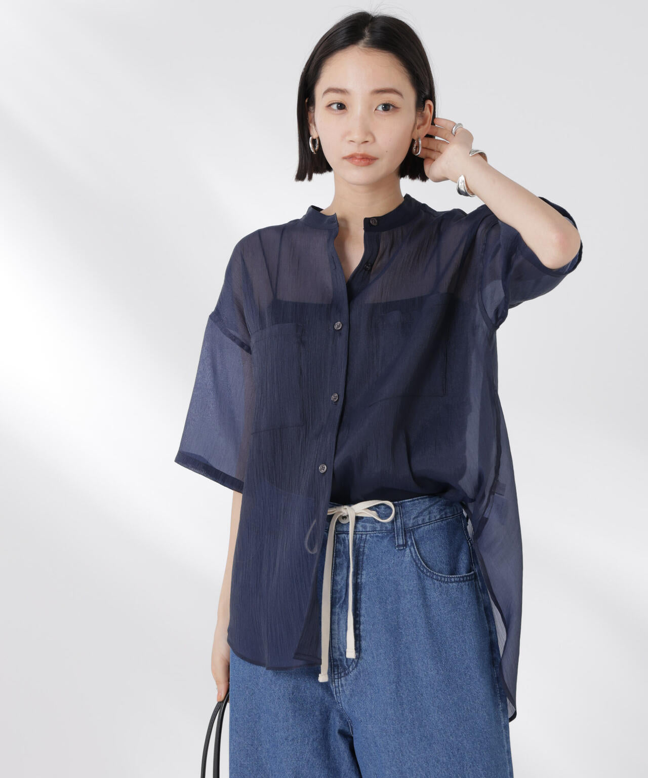 バンドカラーシアー半袖シャツ