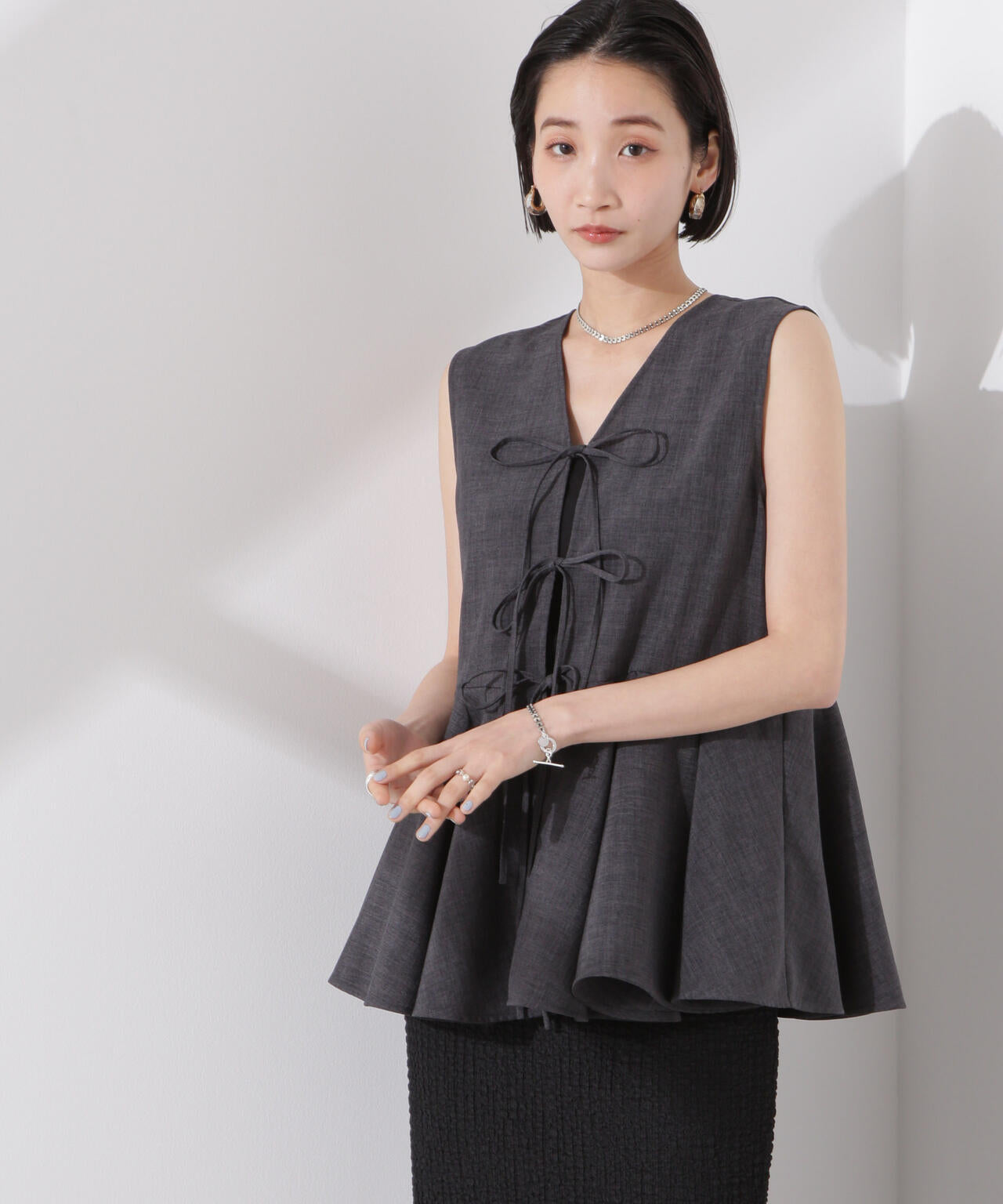 前後２wayリネンライクリボン結びジレブラウス（セットアップ可）