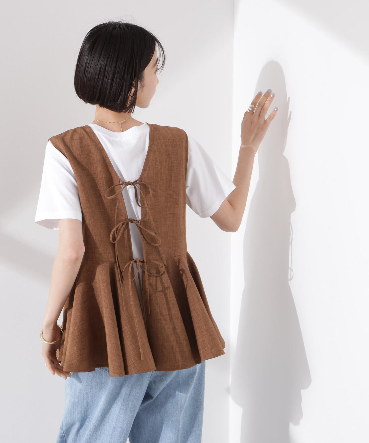 前後２wayリネンライクリボン結びジレブラウス（セットアップ可）