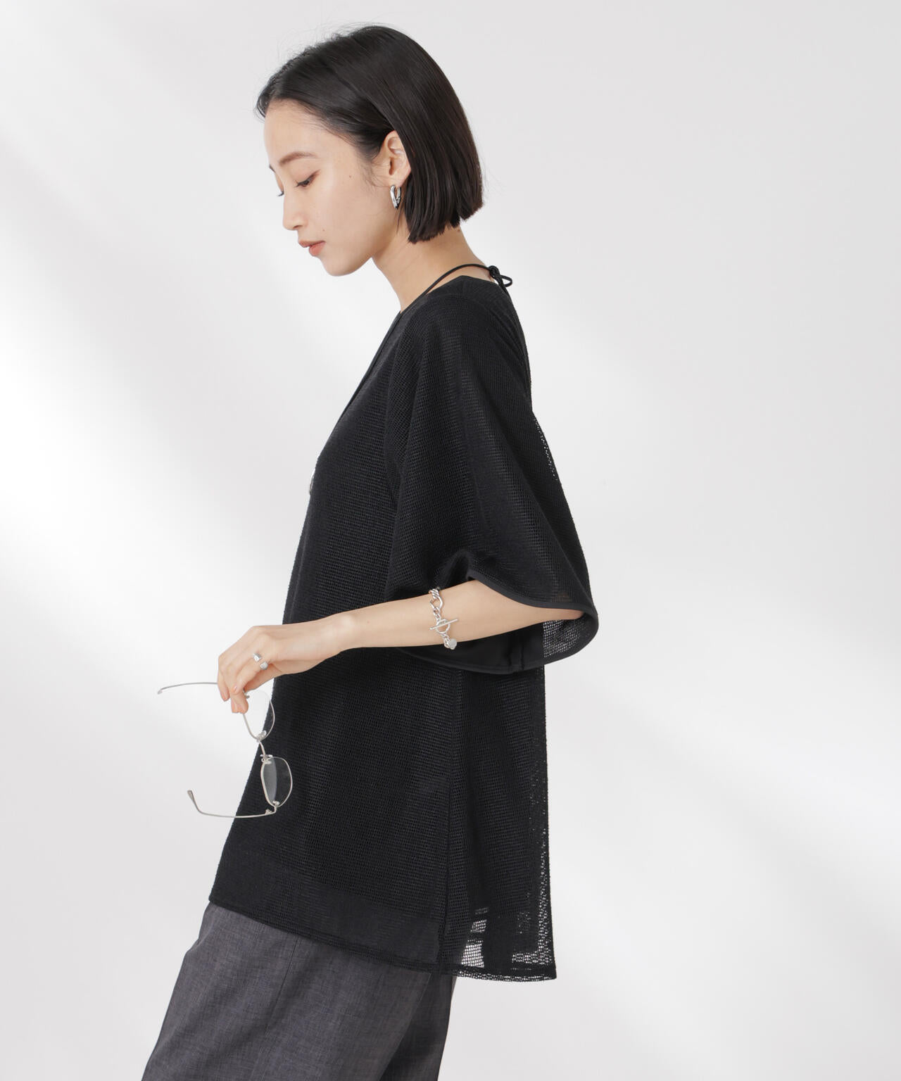 メッシュ×シフォンコンビチュニックトップス