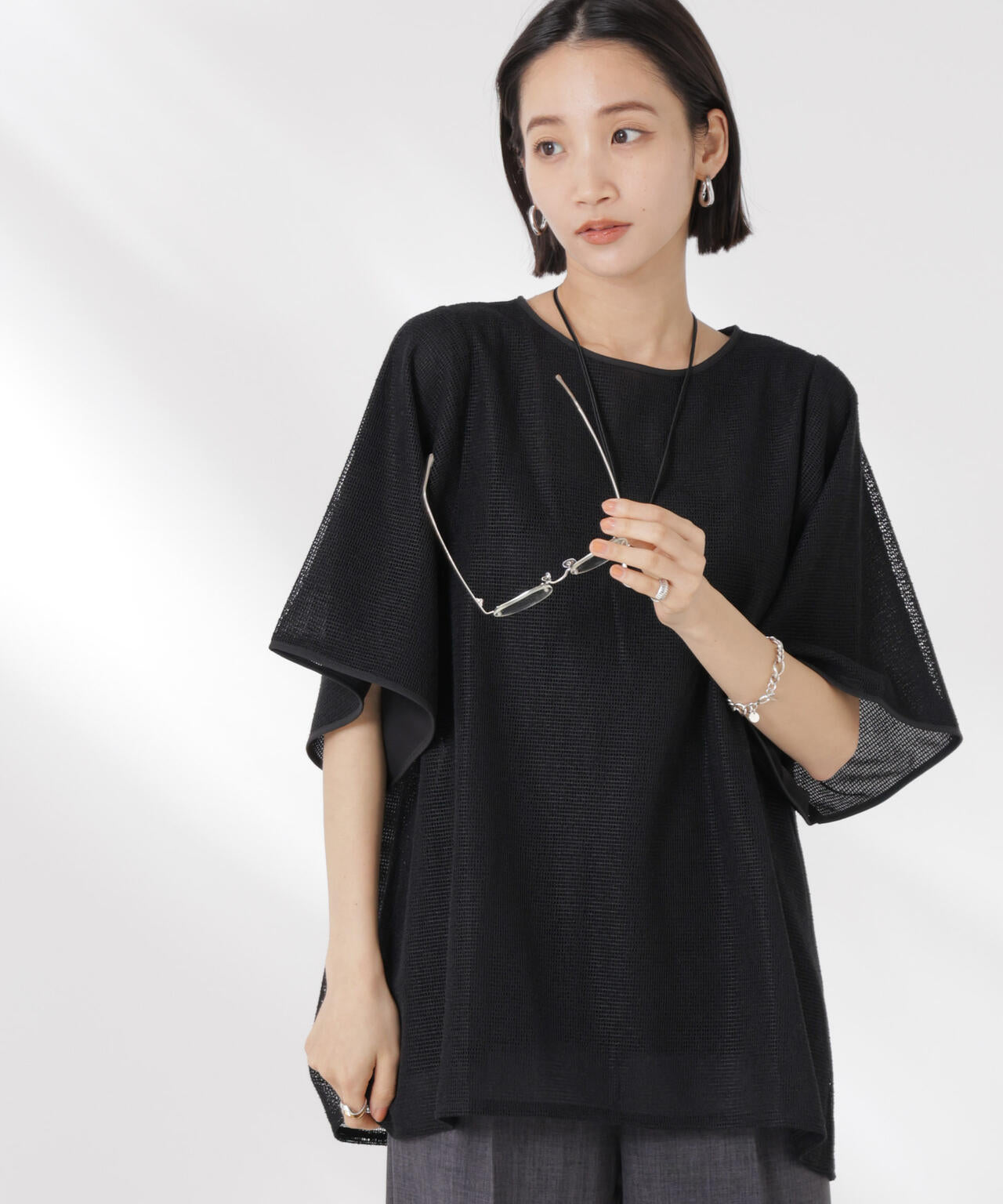 メッシュ×シフォンコンビチュニックトップス