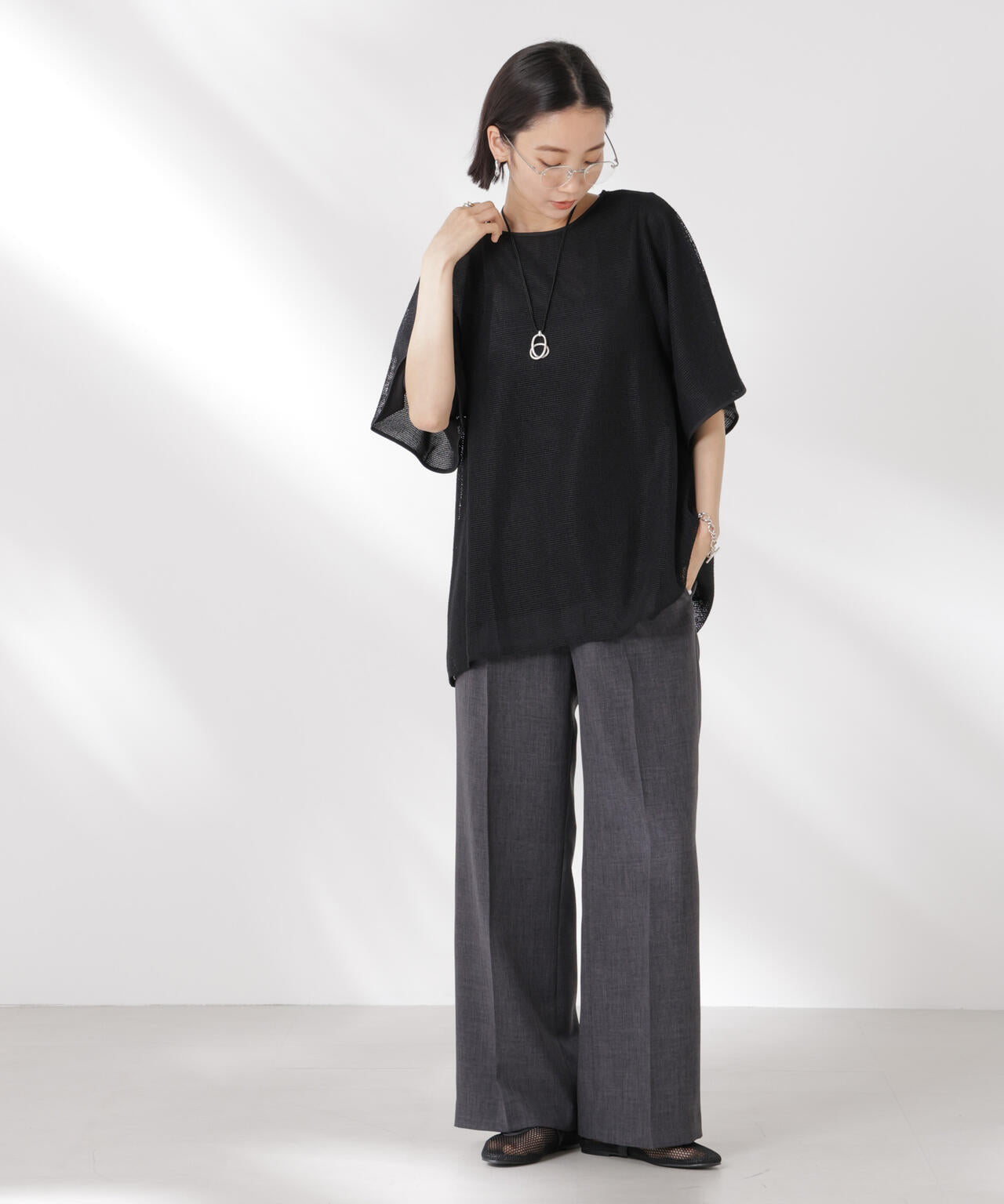 メッシュ×シフォンコンビチュニックトップス