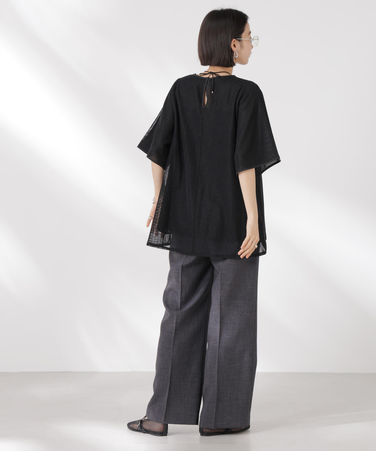メッシュ×シフォンコンビチュニックトップス