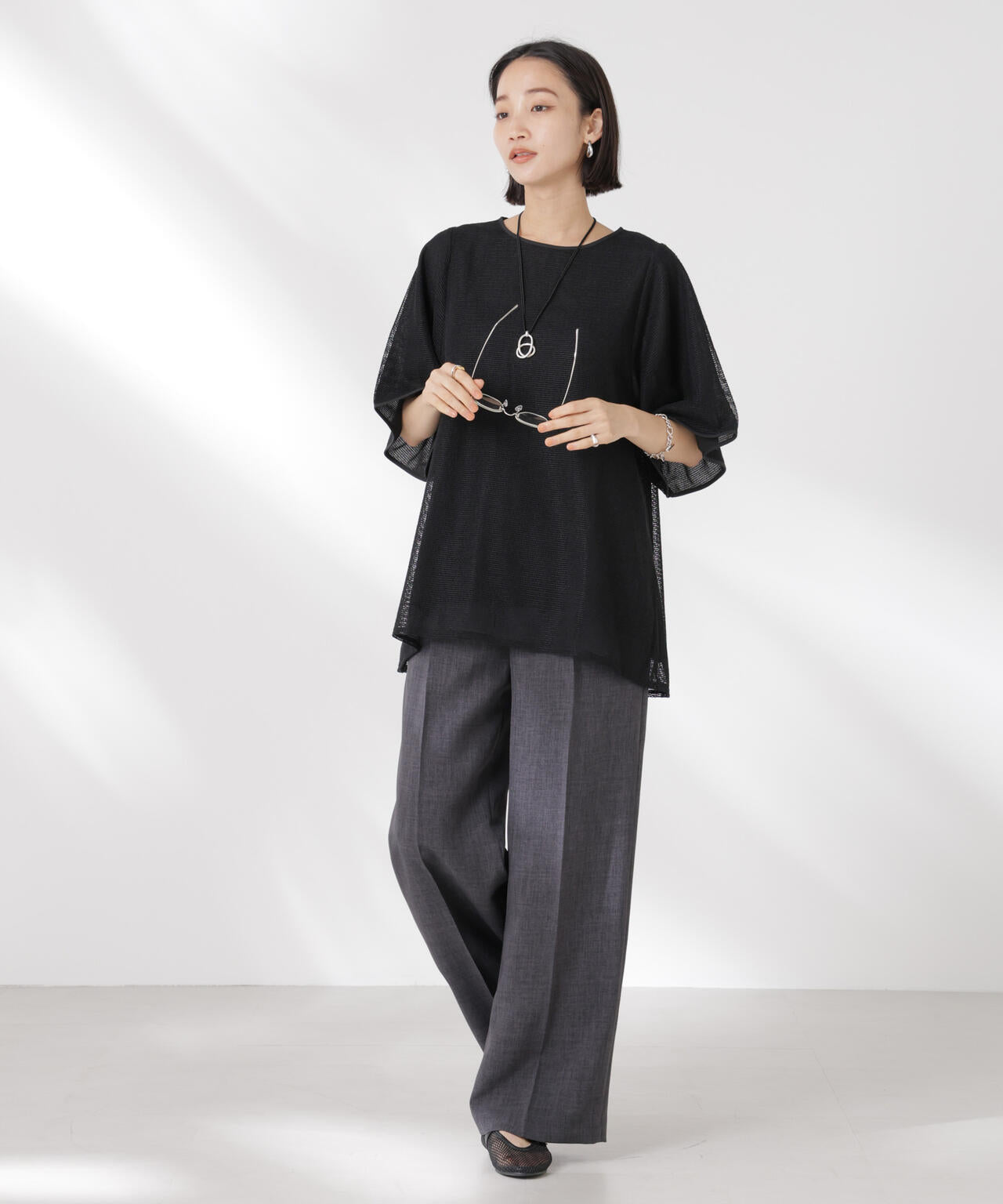 メッシュ×シフォンコンビチュニックトップス