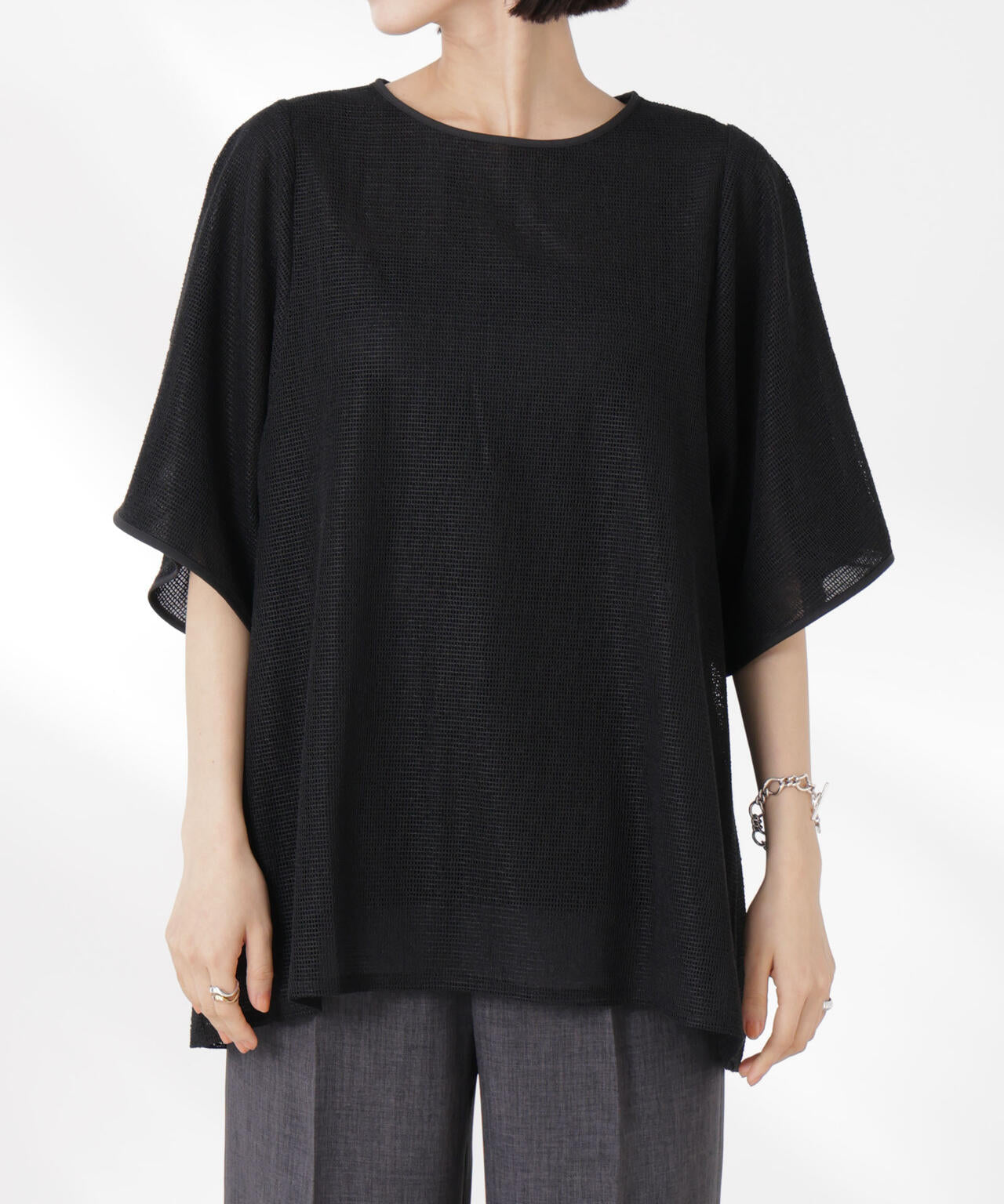 メッシュ×シフォンコンビチュニックトップス