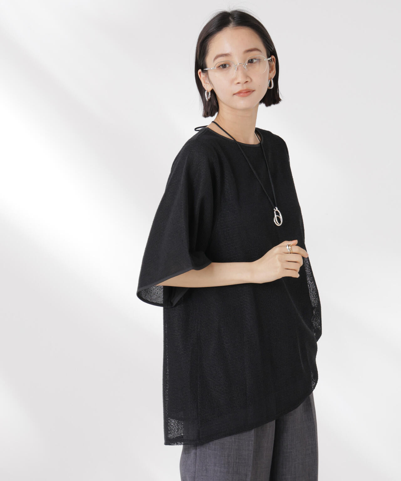 メッシュ×シフォンコンビチュニックトップス