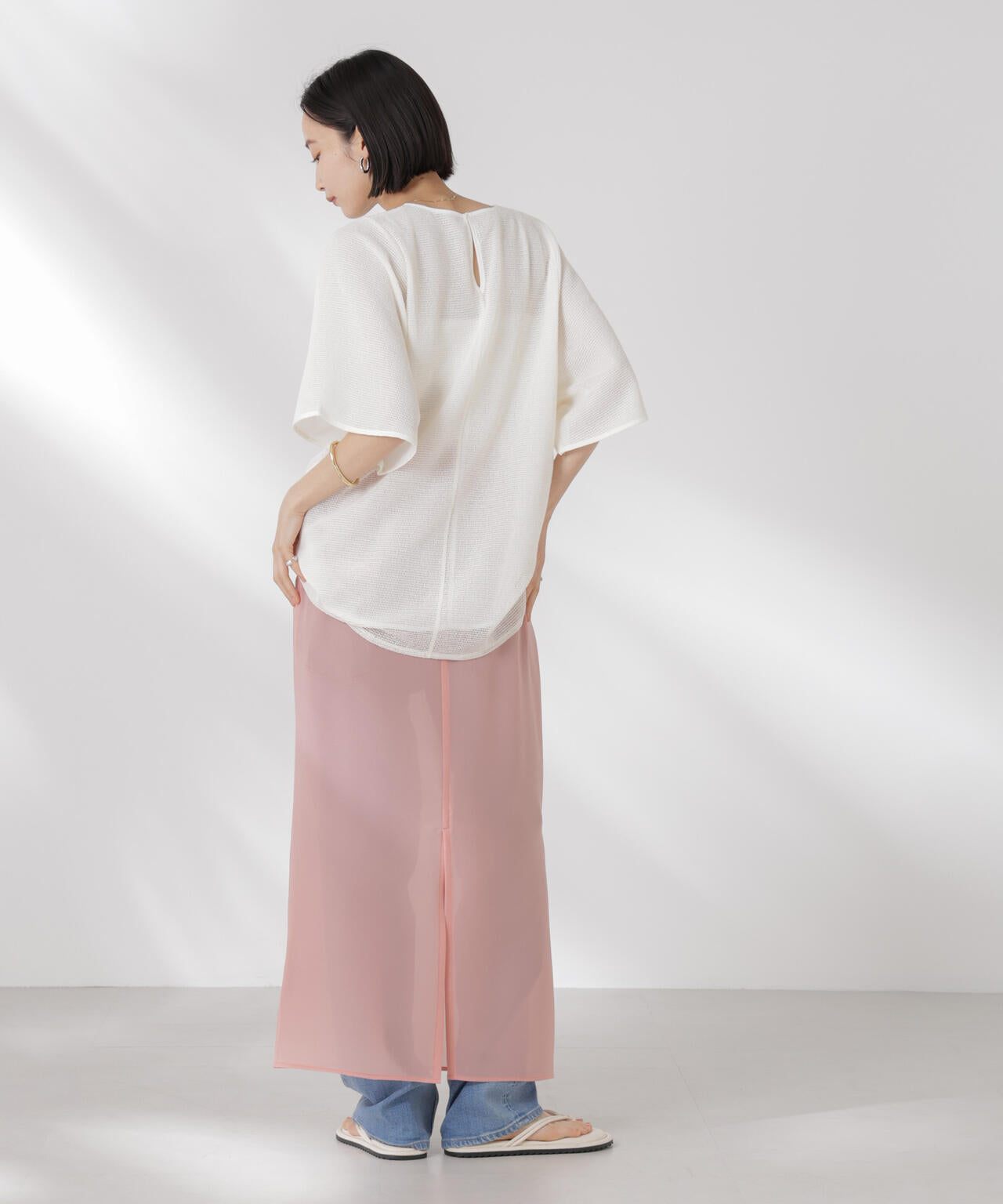 メッシュ×シフォンコンビチュニックトップス