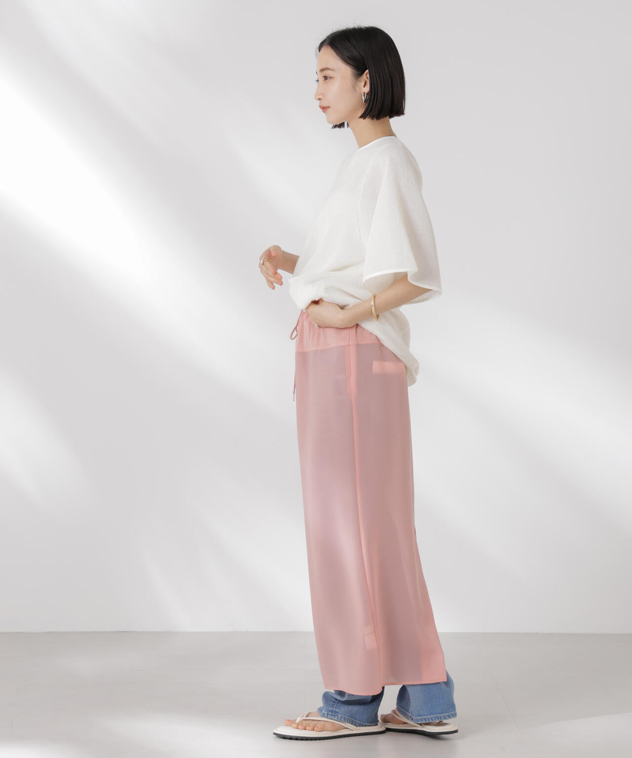 メッシュ×シフォンコンビチュニックトップス