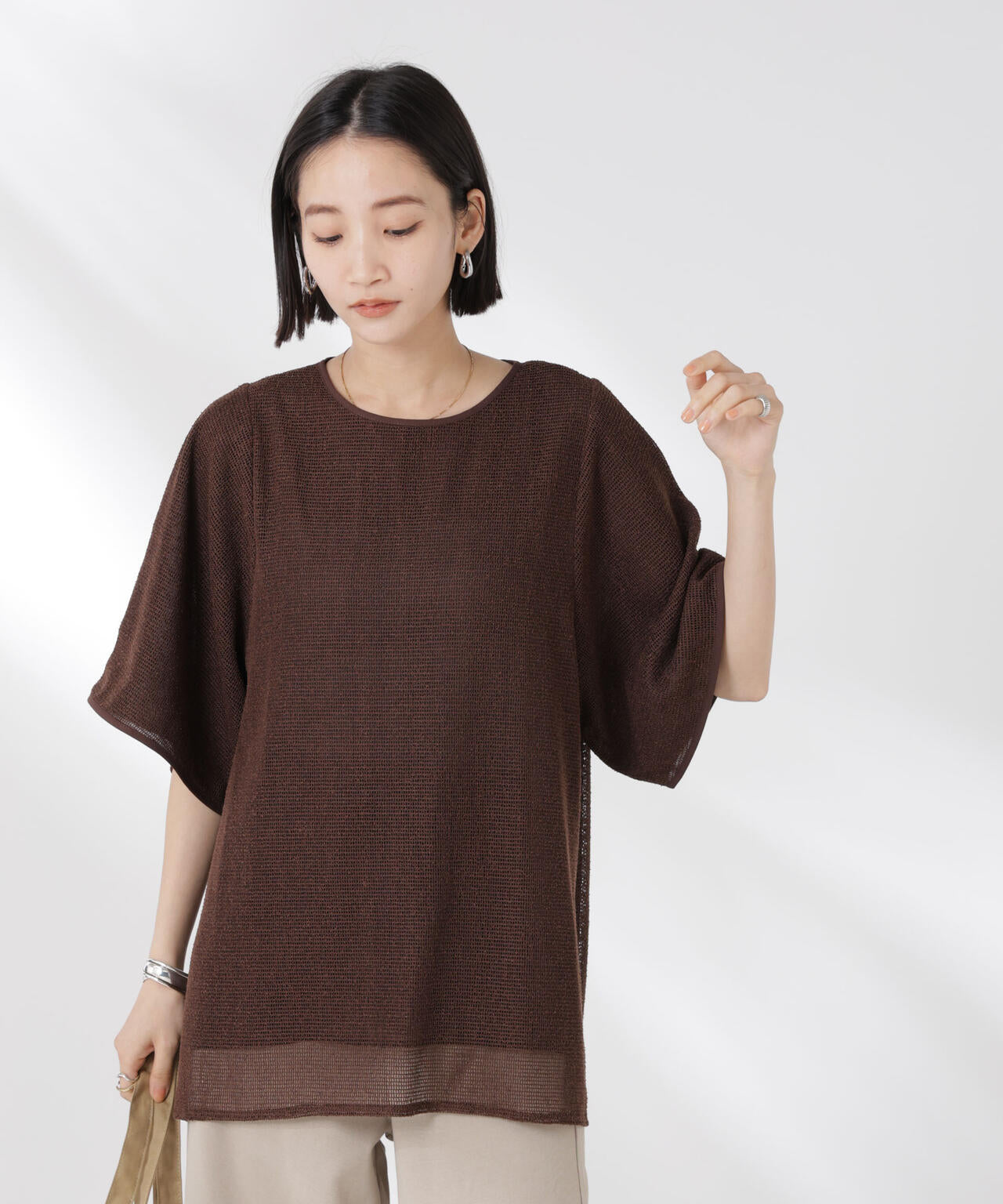 メッシュ×シフォンコンビチュニックトップス