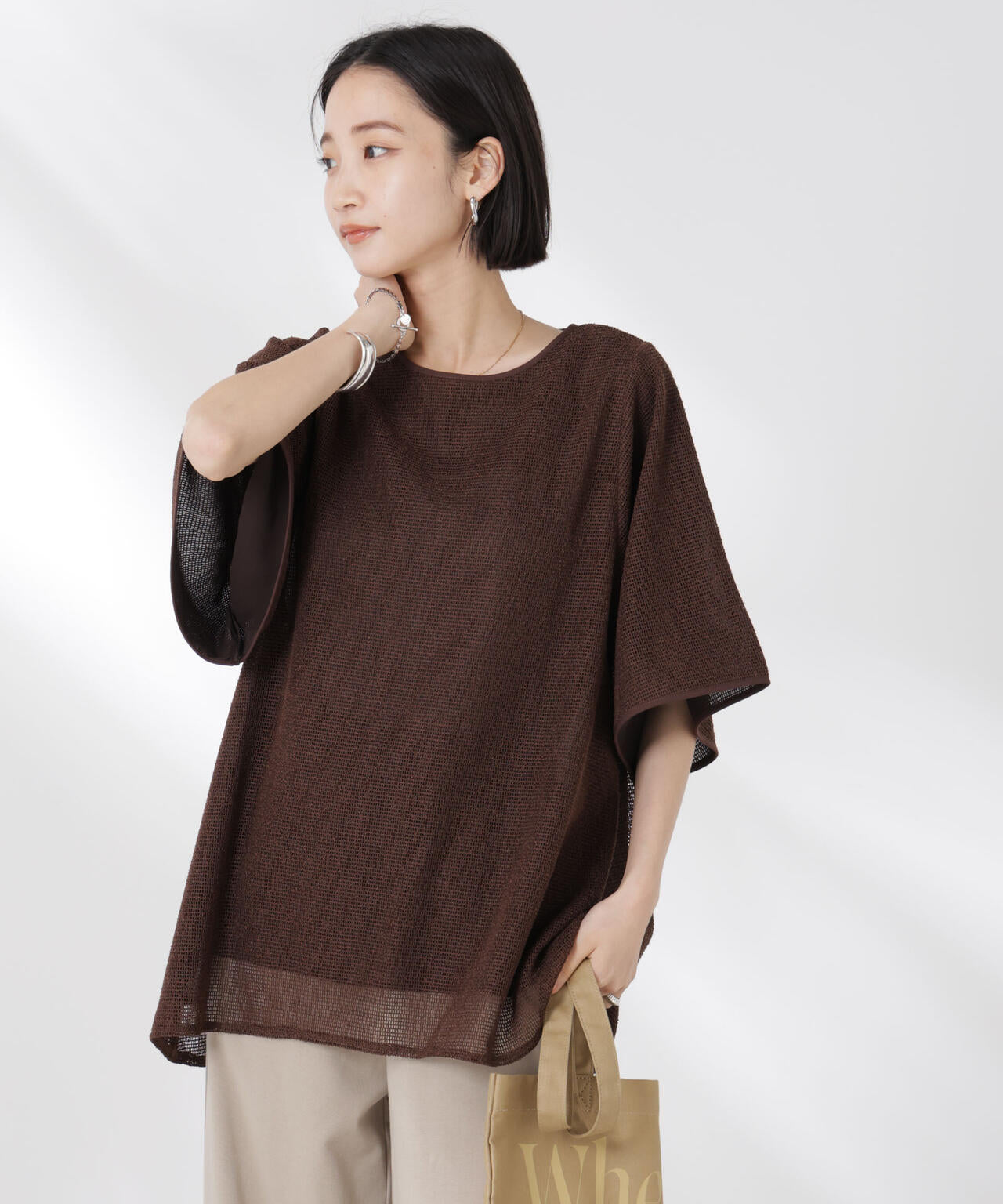 メッシュ×シフォンコンビチュニックトップス