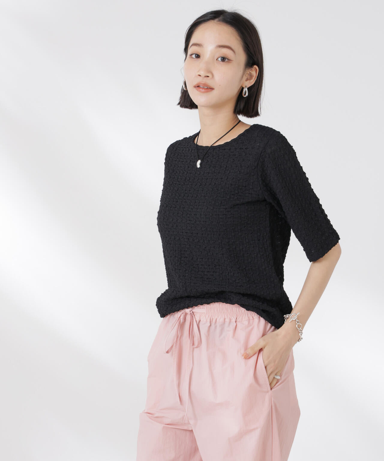 カットサッカークルーネックTシャツ