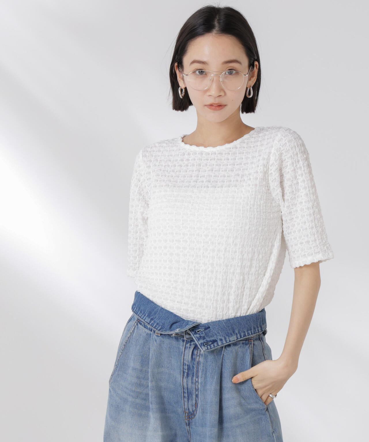 カットサッカークルーネックTシャツ