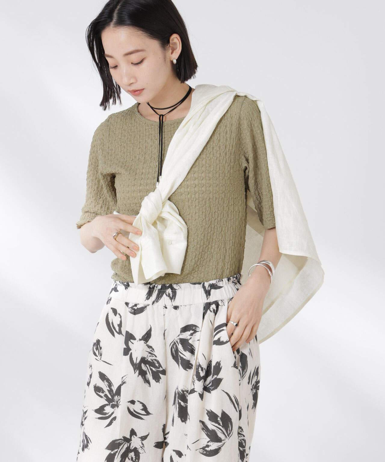 カットサッカークルーネックTシャツ