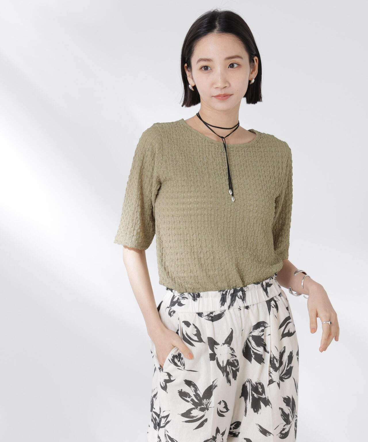 カットサッカークルーネックTシャツ