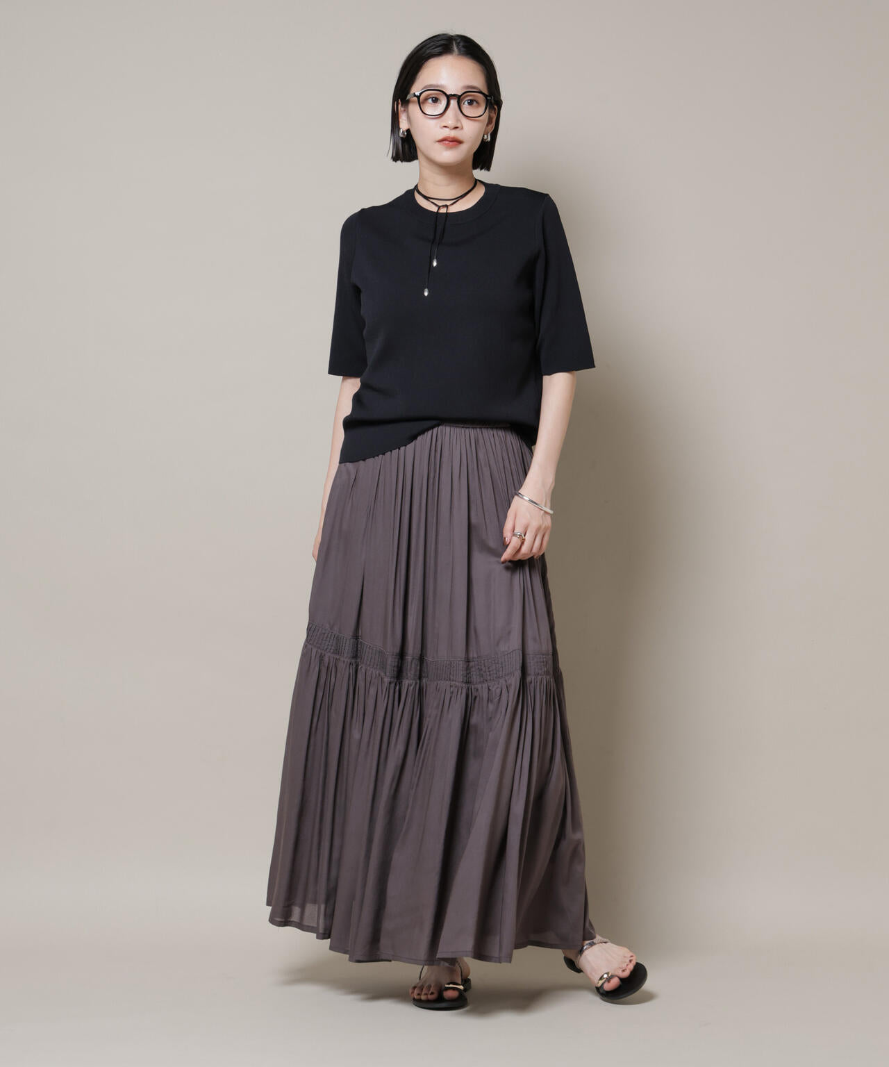 made in INDIA ギャザー切り替えフレアスカート(セットアップ可)