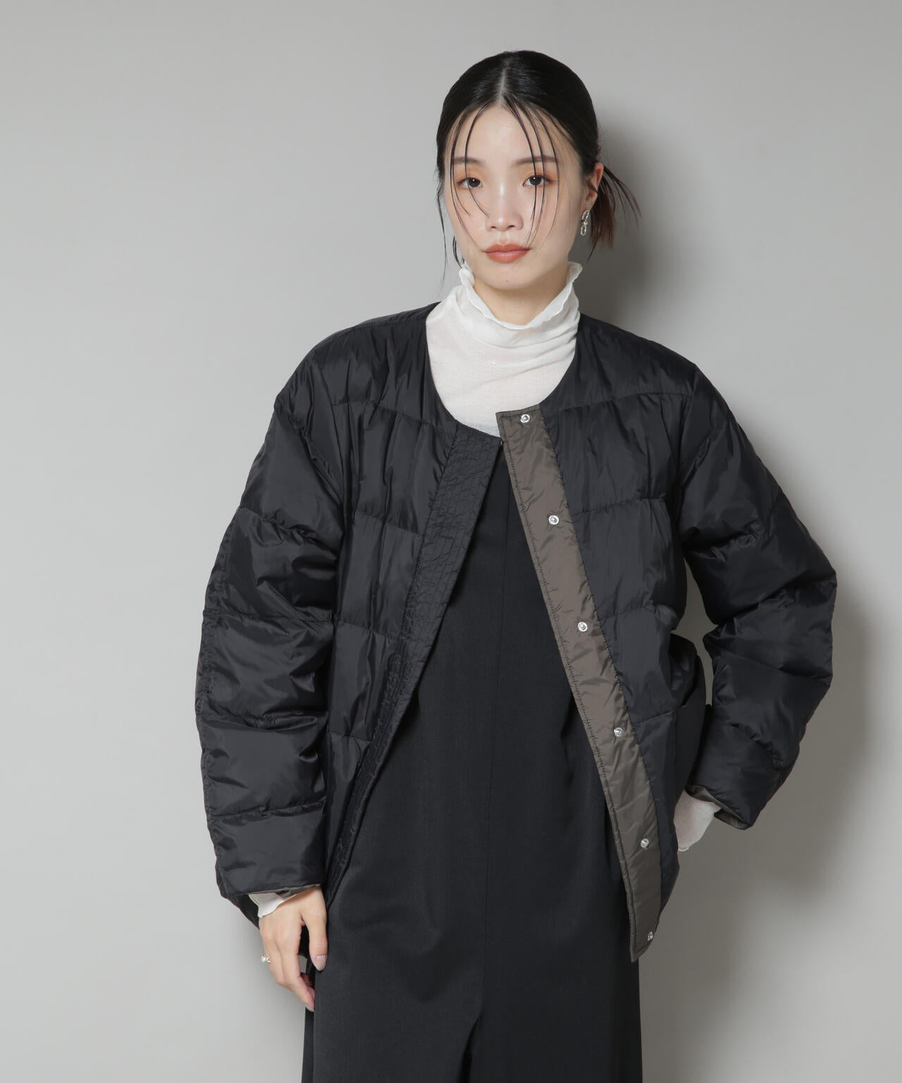 撥水加工ライトダウン リバーシブルノーカラージャケット