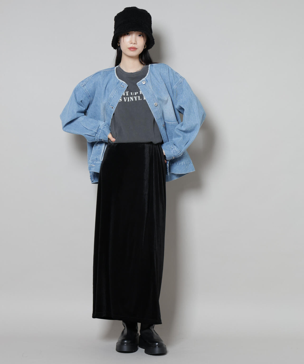 ノーカラーデニムジャケット