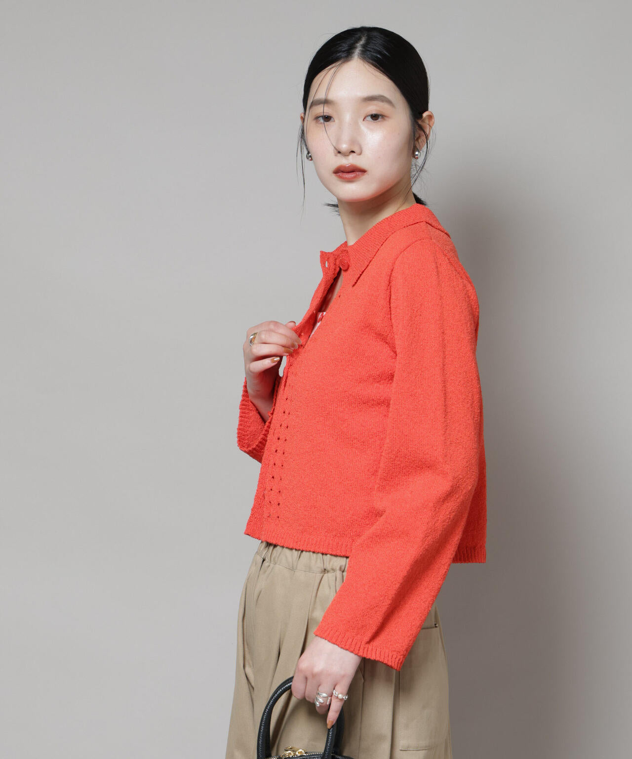 衿付アイレットクロップドニットカーディガン