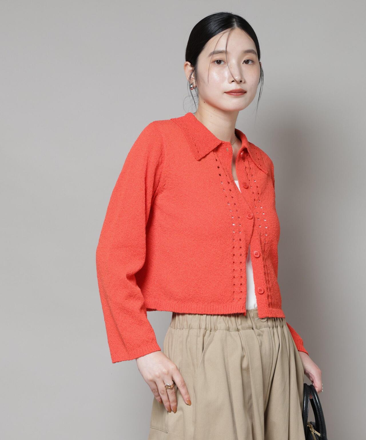 衿付アイレットクロップドニットカーディガン