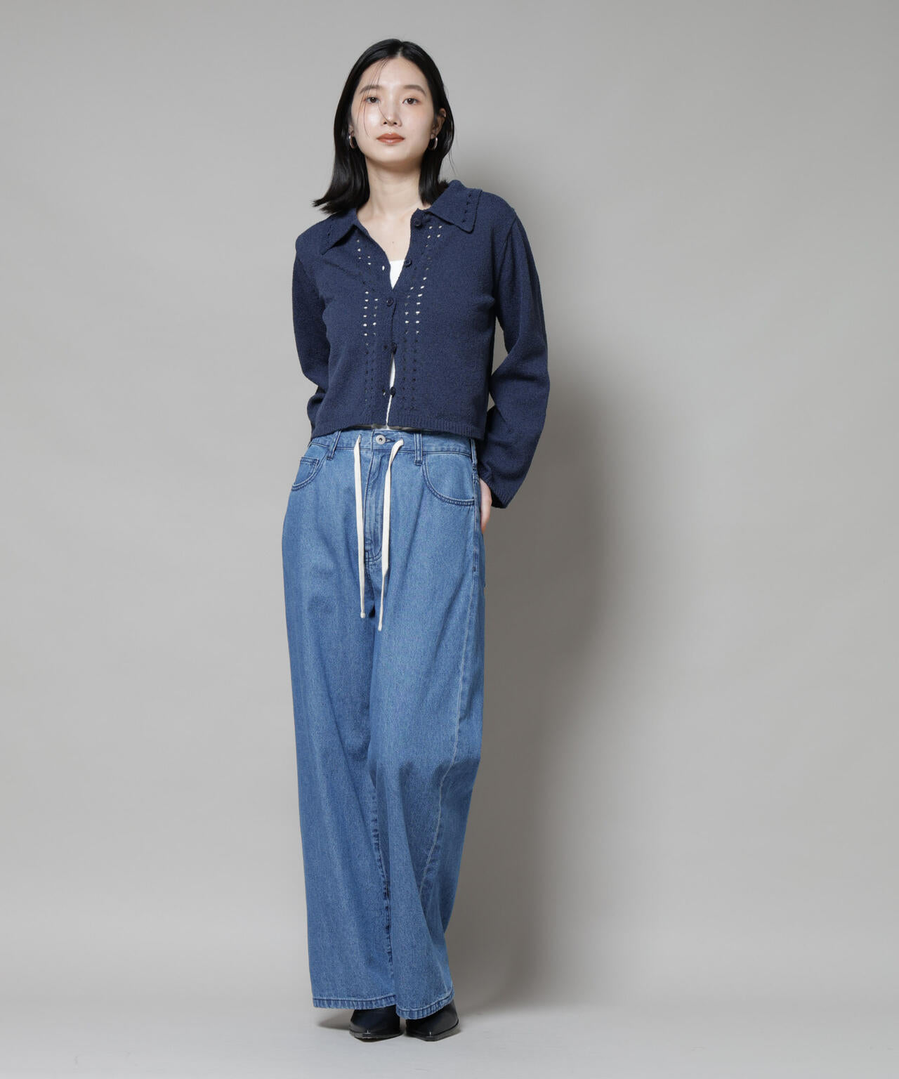 衿付アイレットクロップドニットカーディガン