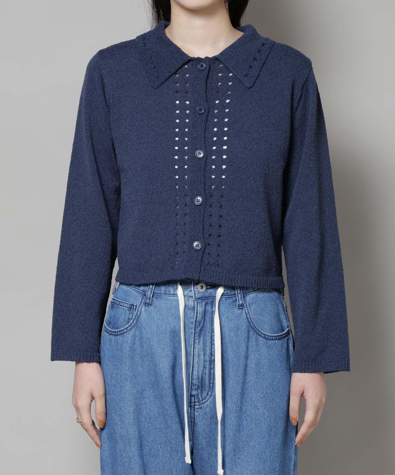 衿付アイレットクロップドニットカーディガン