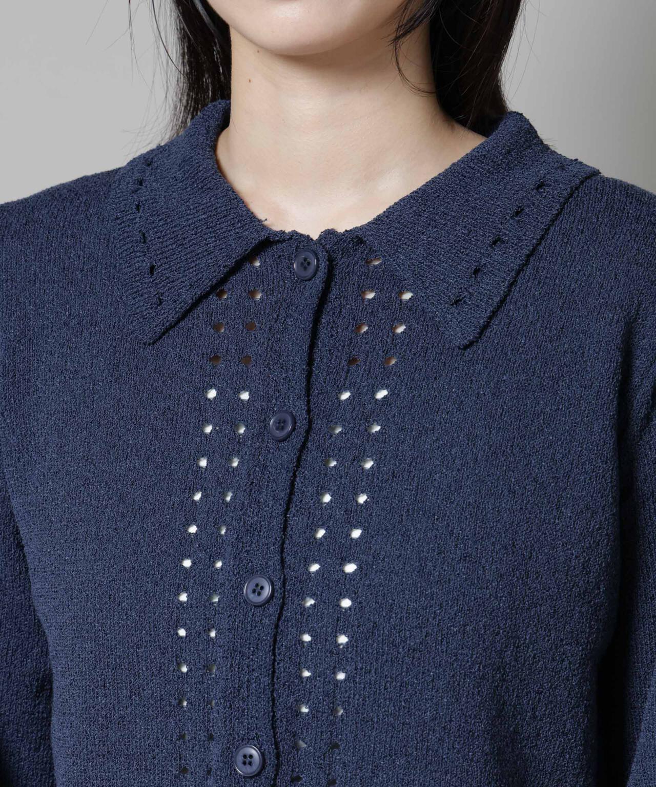 衿付アイレットクロップドニットカーディガン