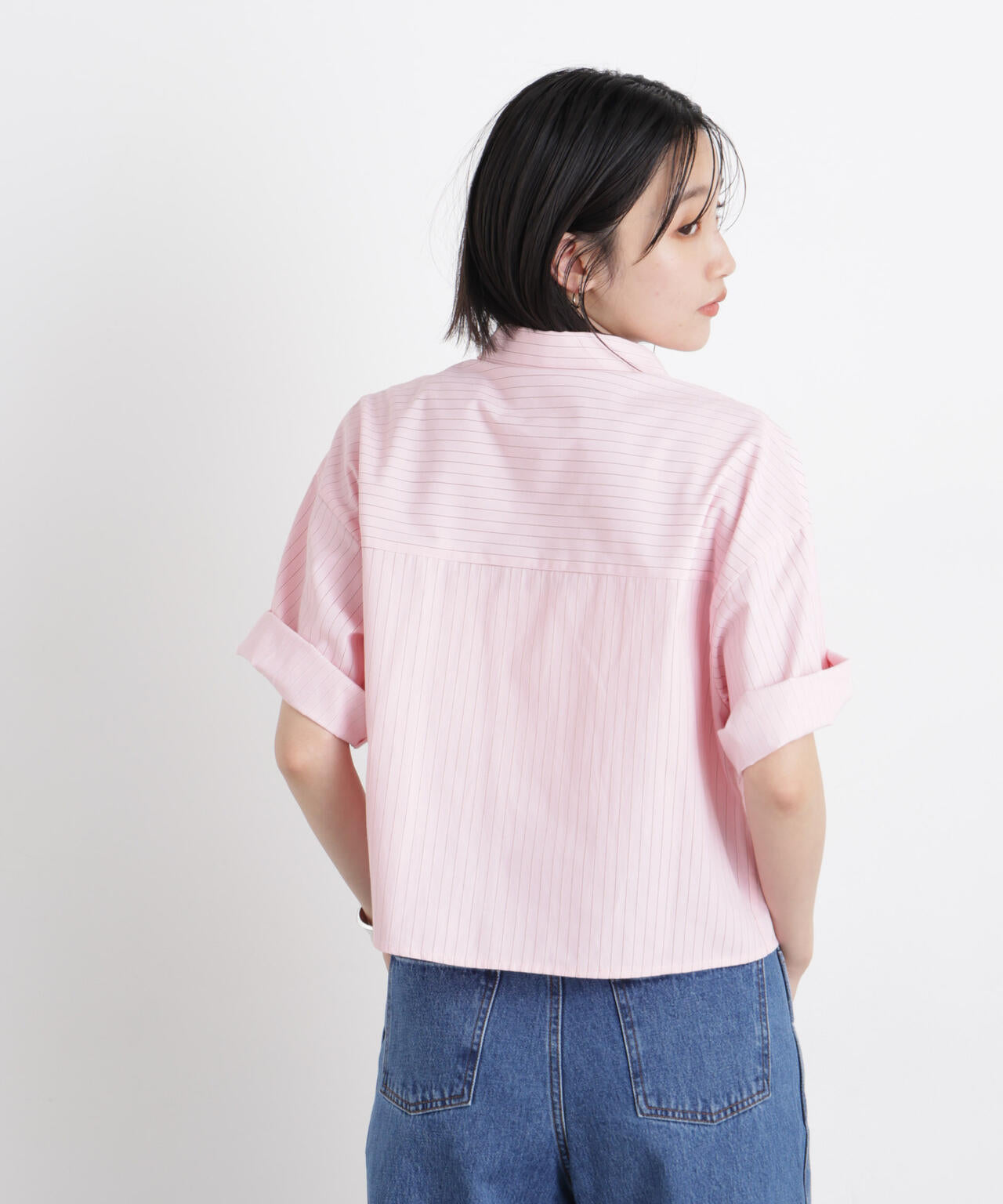 ドビーストライプクロップド半袖シャツ(セットアップ可)