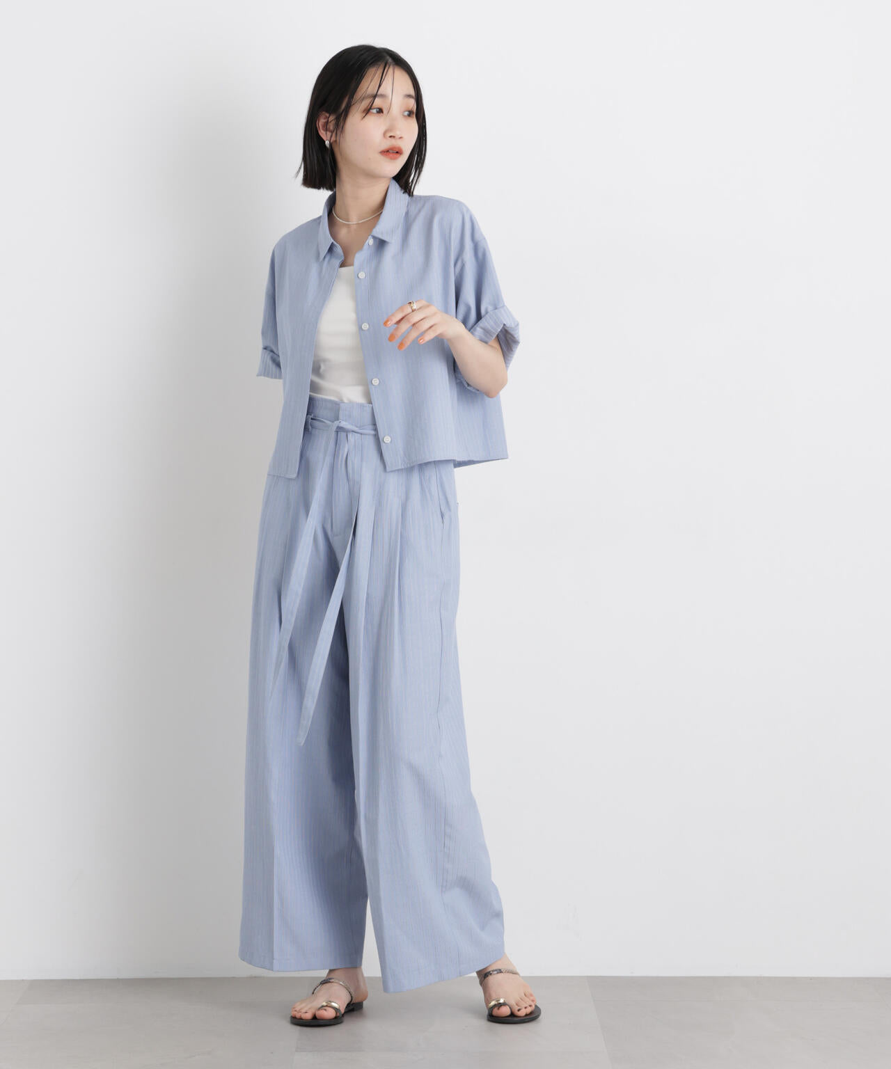 ドビーストライプクロップド半袖シャツ(セットアップ可)