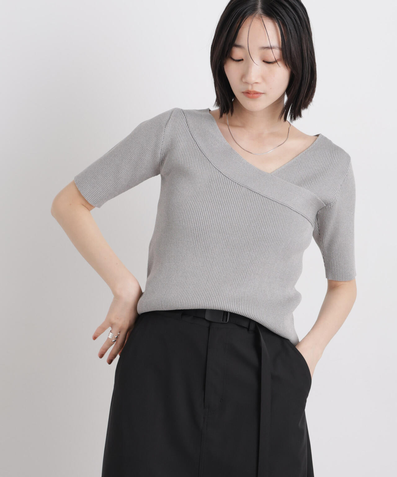 前後2wayボート&アシメネックリブニットトップス