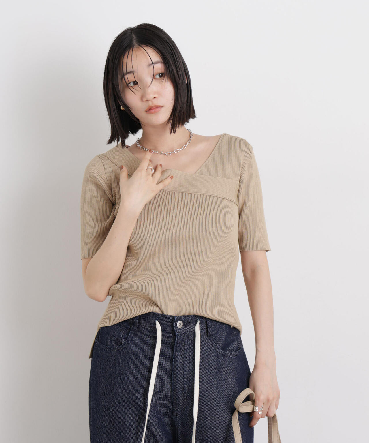 前後2wayボート&アシメネックリブニットトップス