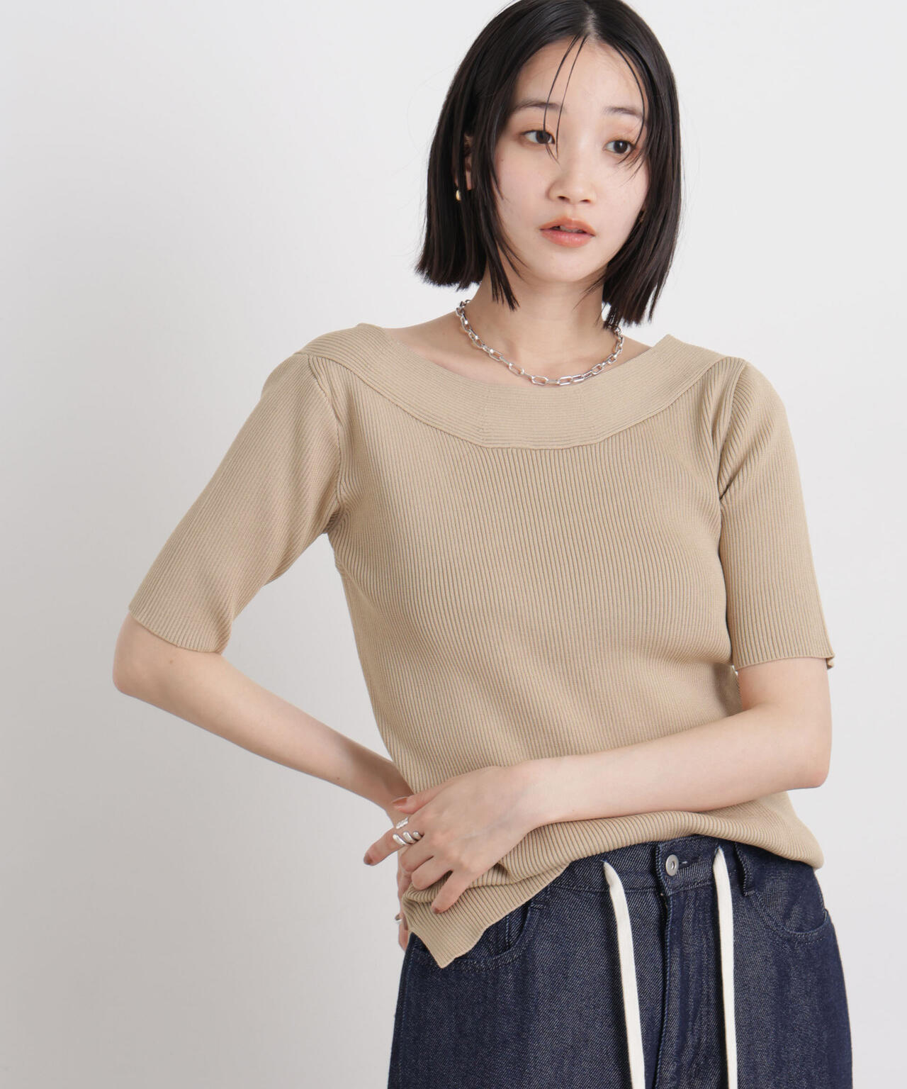 前後2wayボート&アシメネックリブニットトップス