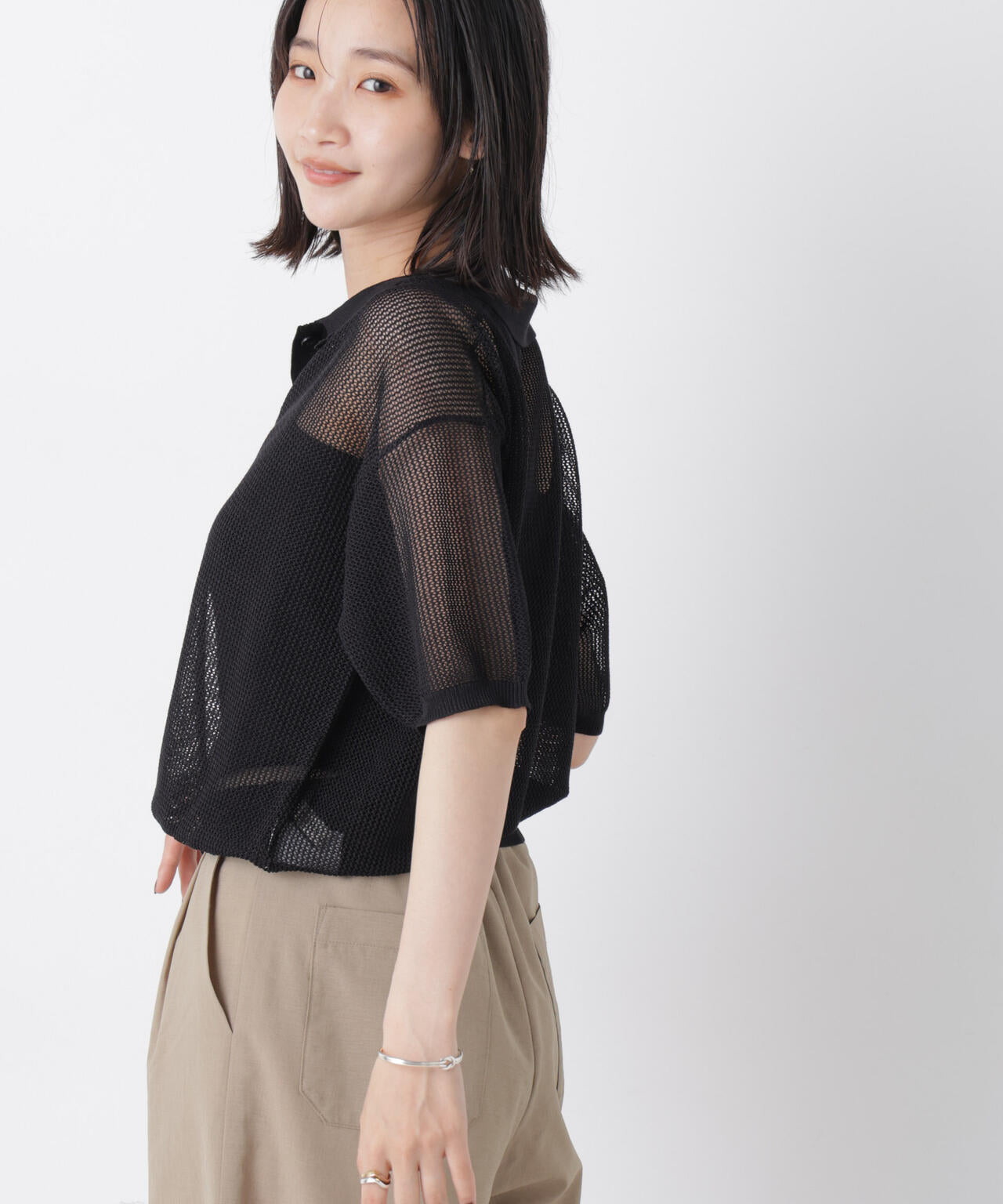 メッシュポロニットトップス