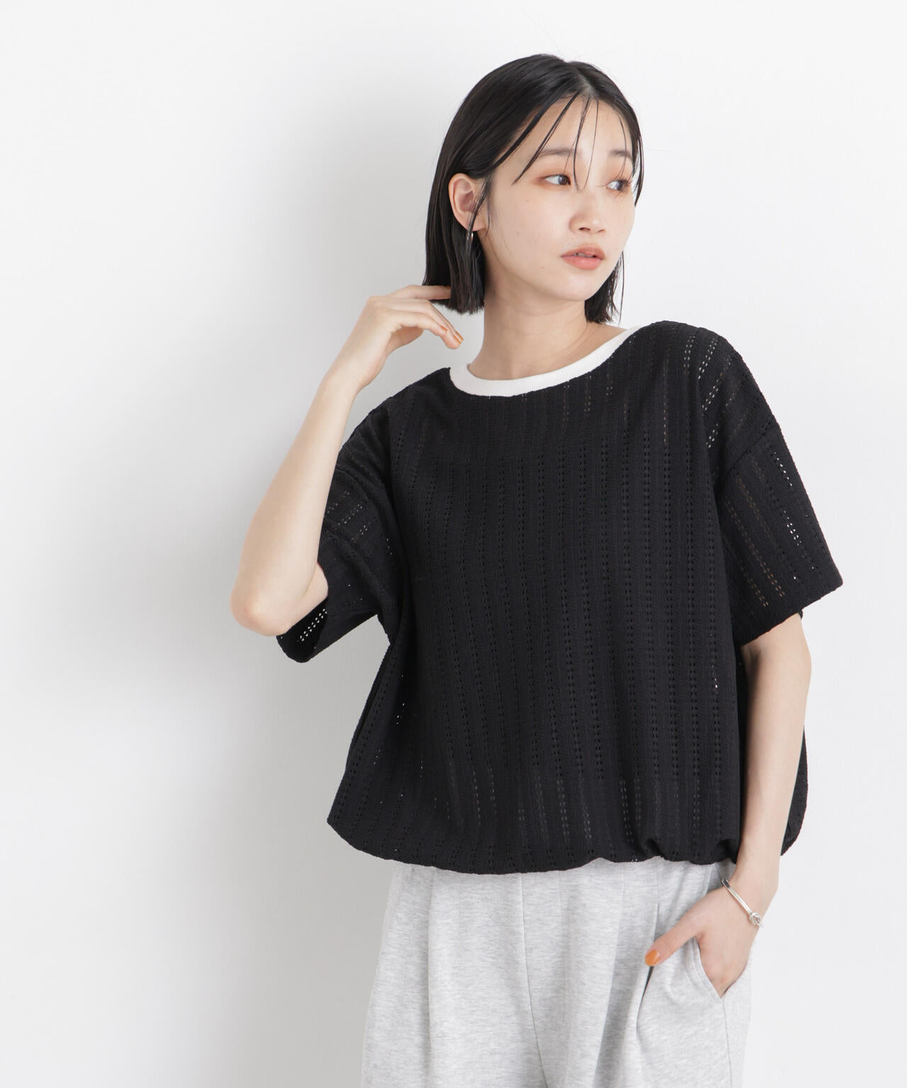カットジャガードドロストヘムトップス