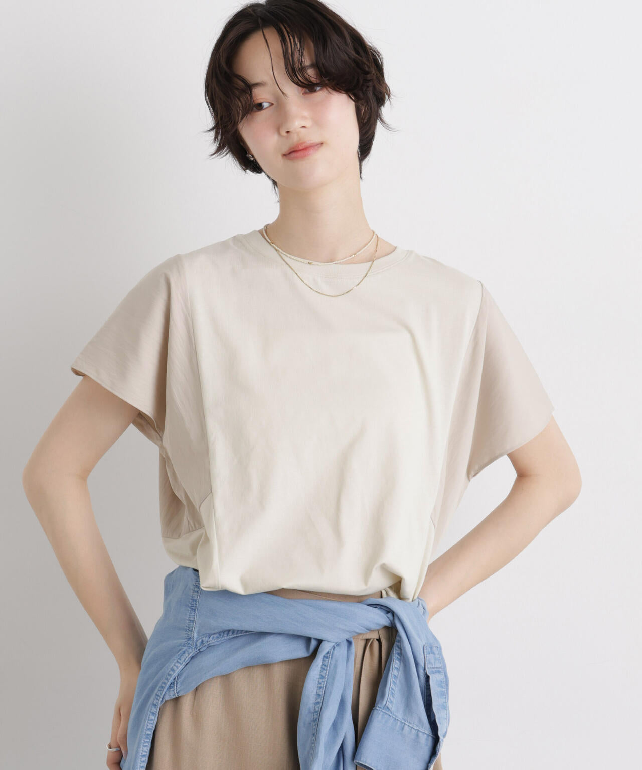 タフタコンビバックギャザーデザインカットトップス