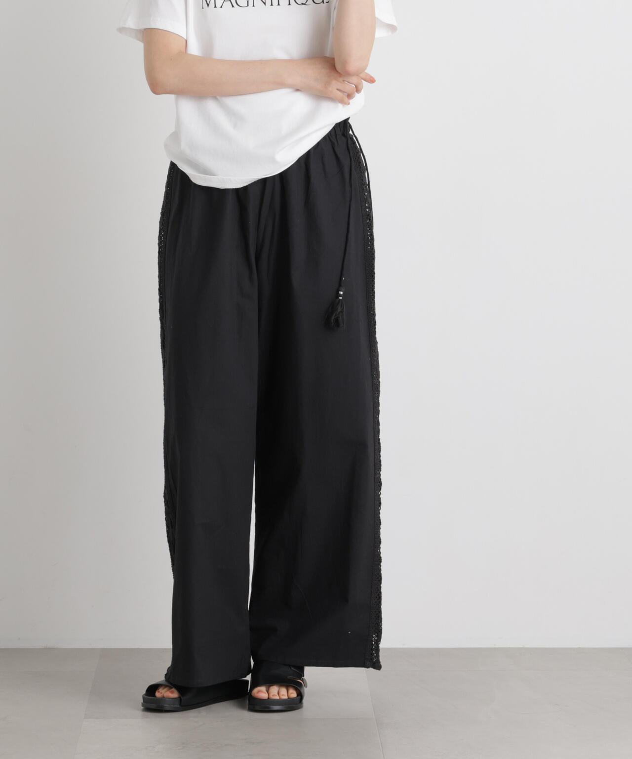 made in INDIA サイドレースワイドパンツ