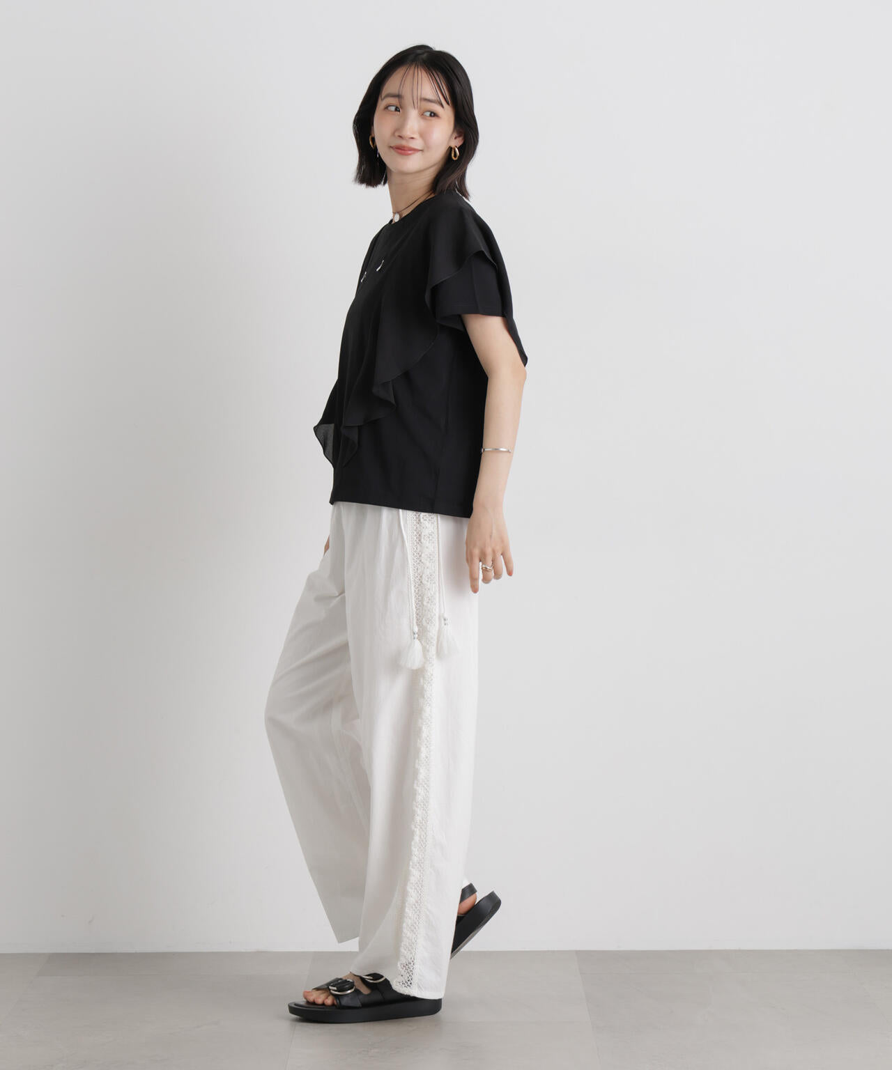 made in INDIA サイドレースワイドパンツ