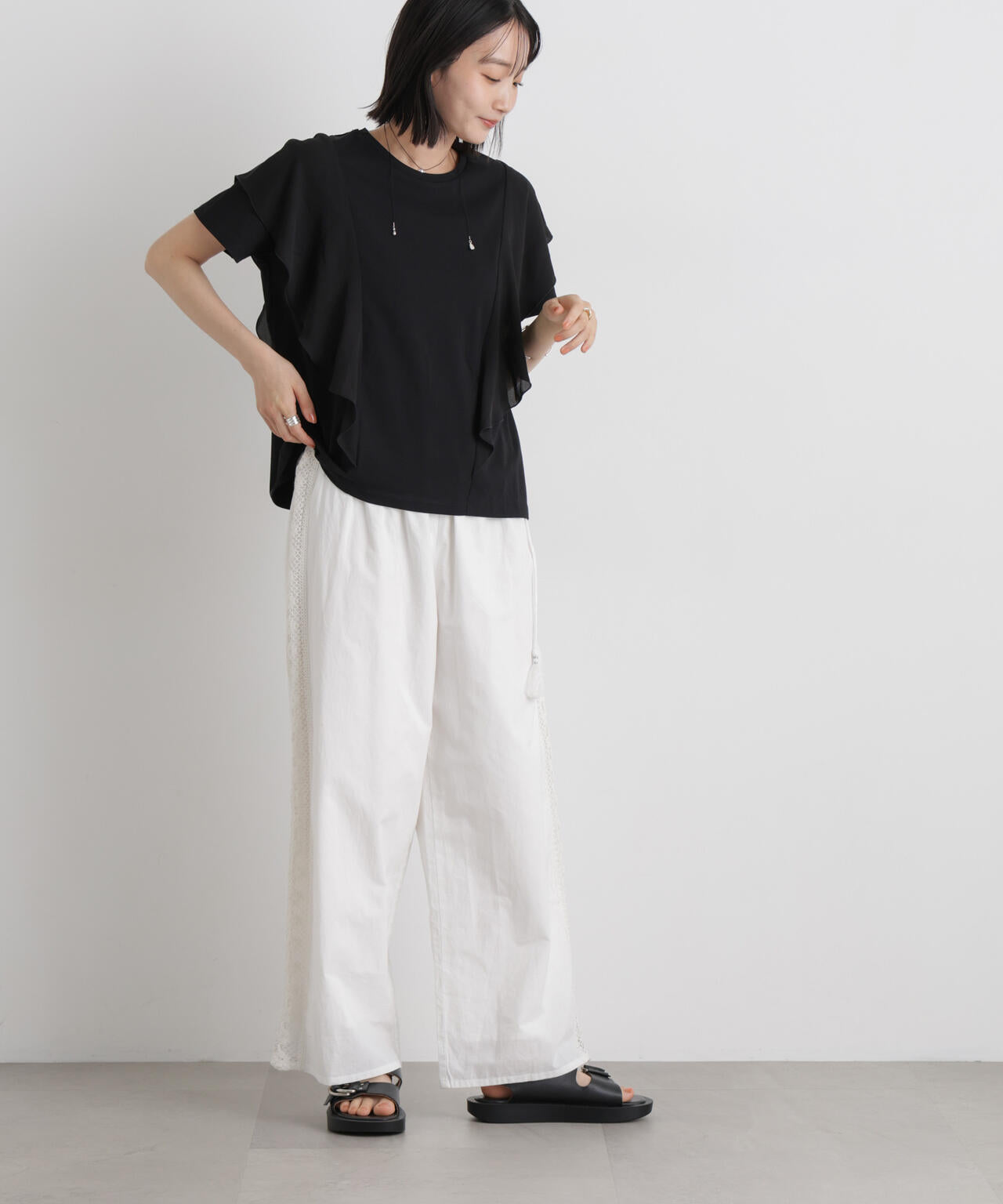 made in INDIA サイドレースワイドパンツ
