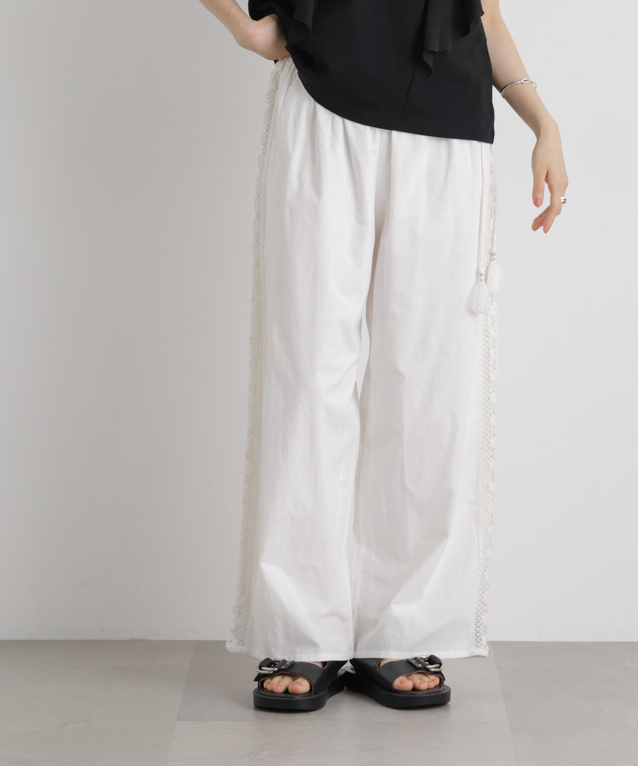 made in INDIA サイドレースワイドパンツ