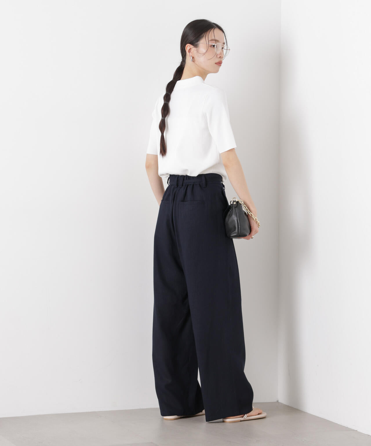 多機能リネン混リボンベルト付タックワイドパンツ(セットアップ可)