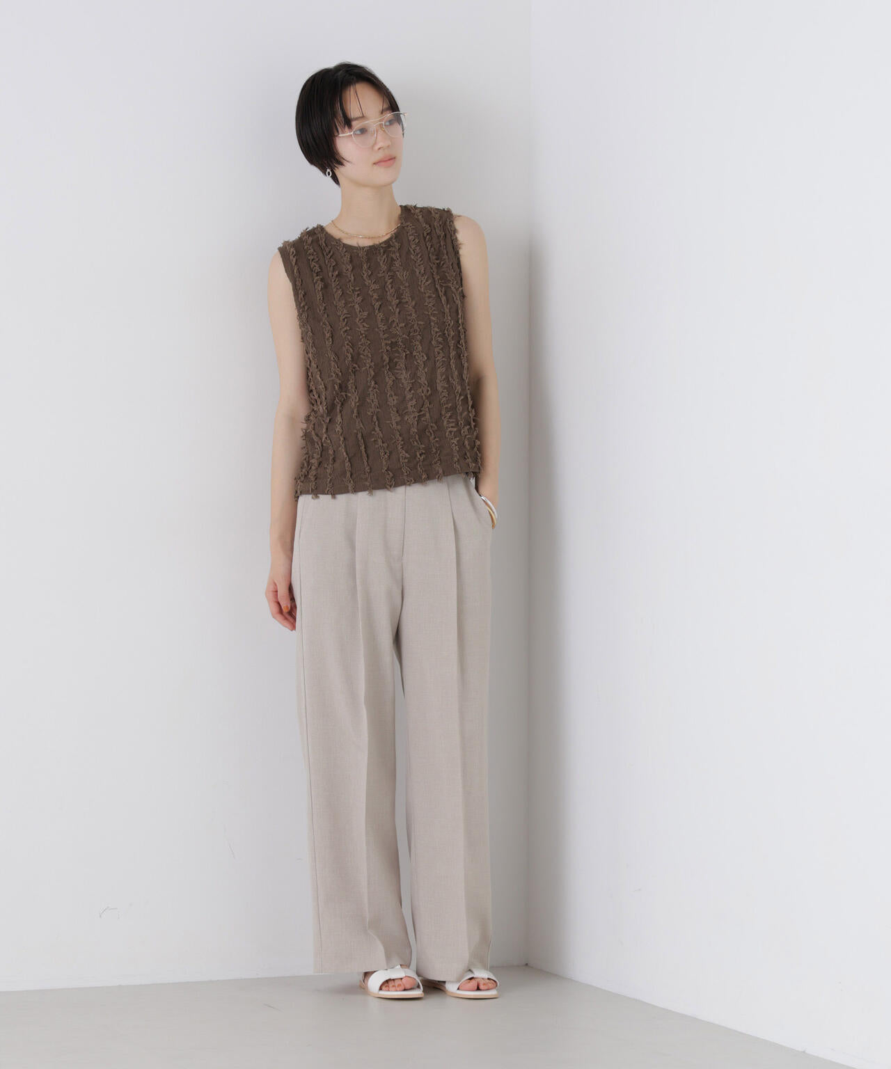 リネンライクワンタックセンタープレスパンツ(セットアップ可)