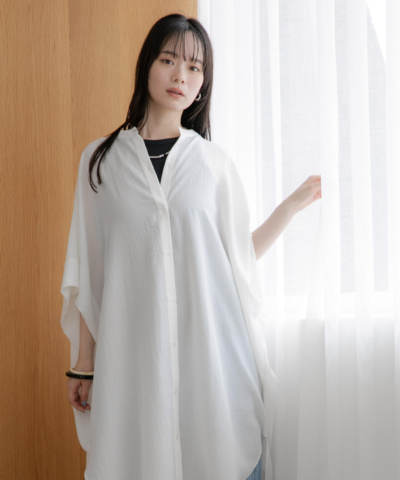 WEB限定/多機能素材 バンドカラーワイドチュニックシャツワンピース